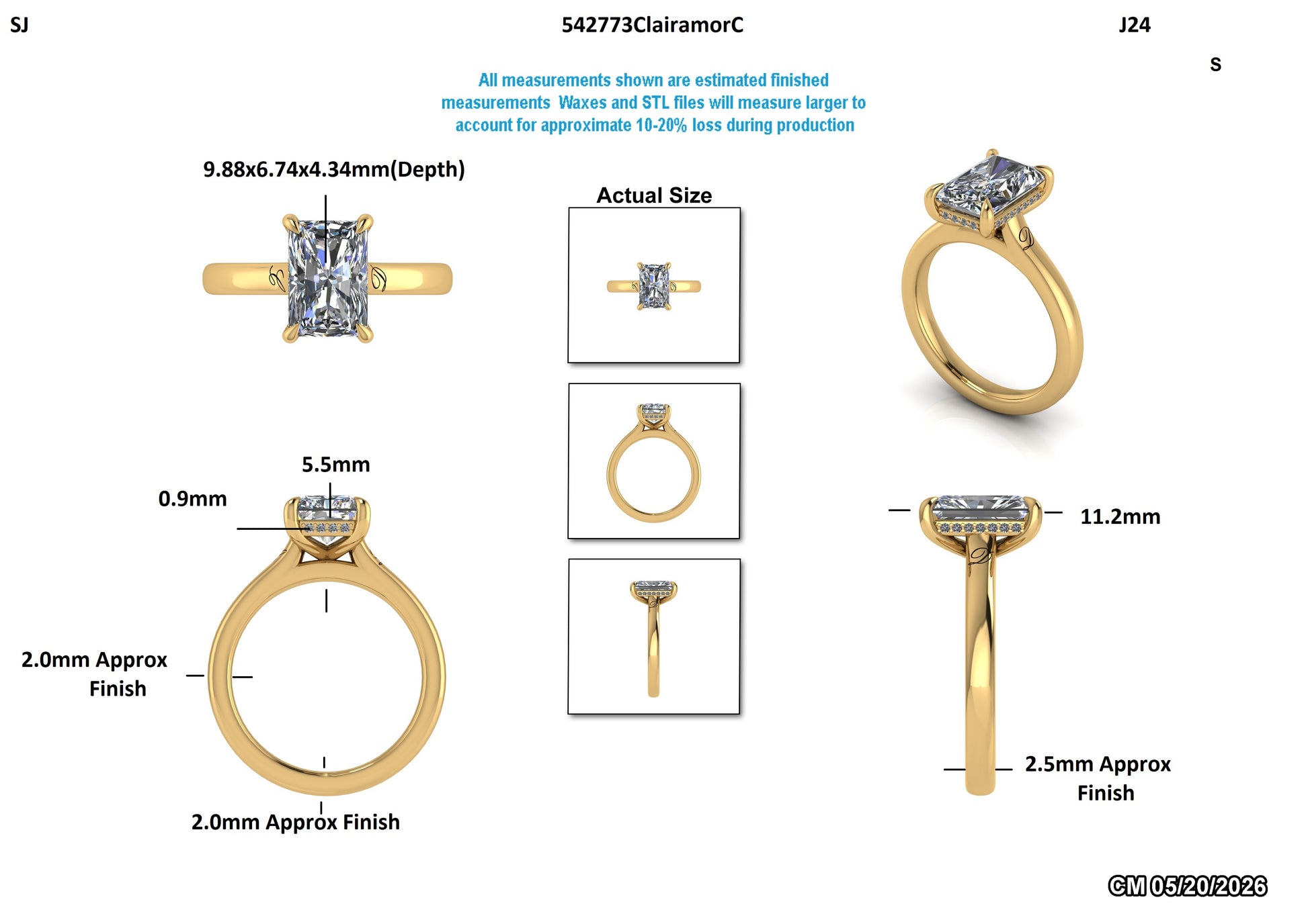 Yellow gold engagement ring with lab-grown emerald cut diamond, detailed dimensions and actual size views
