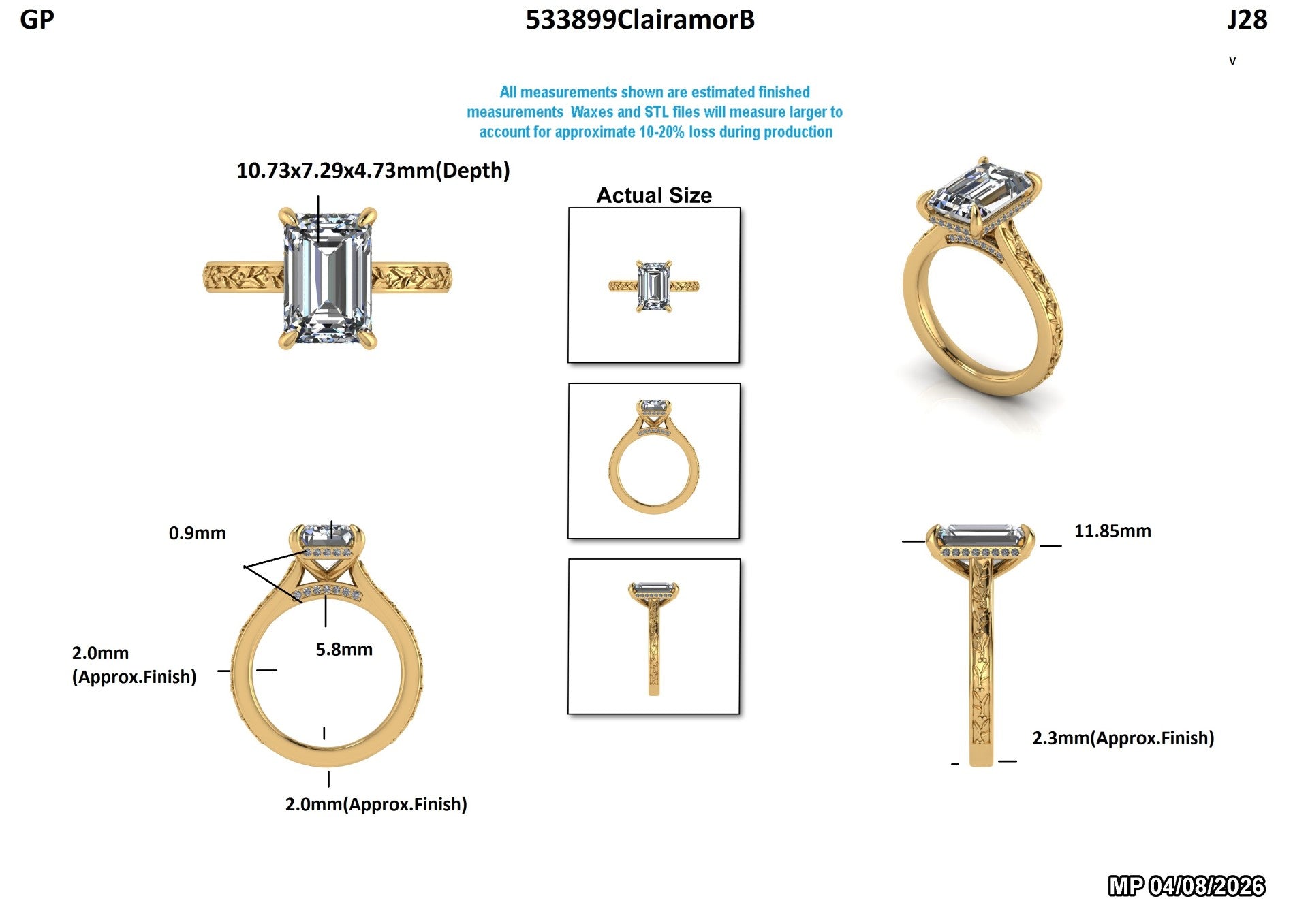 Lab-grown diamond engagement ring with emerald cut, gold band, and detailed measurements for ethical, sustainable jewelry.