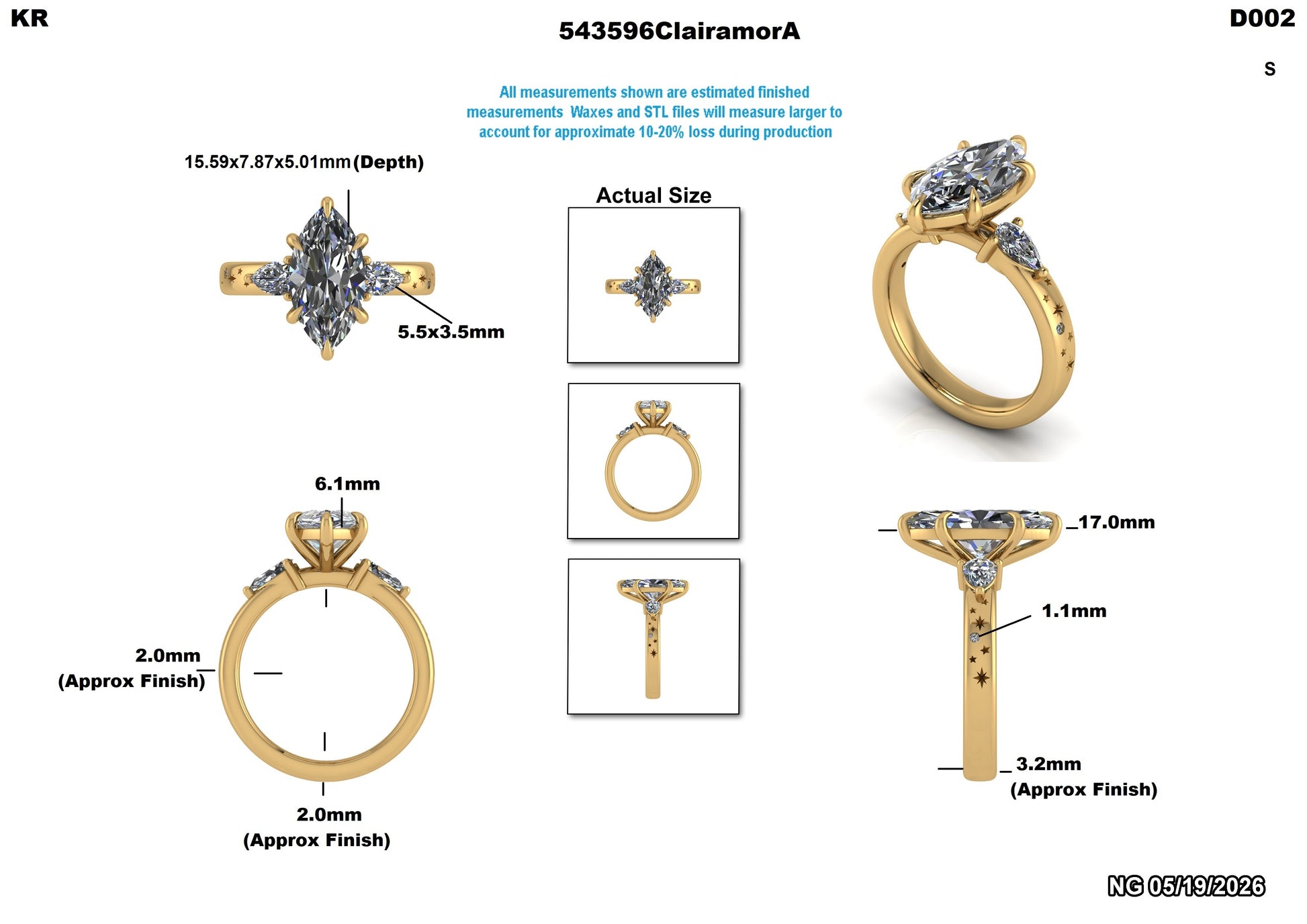 Marquise lab-grown diamond engagement ring with side stones, gold band, detailed dimensions, ethical & sustainable design