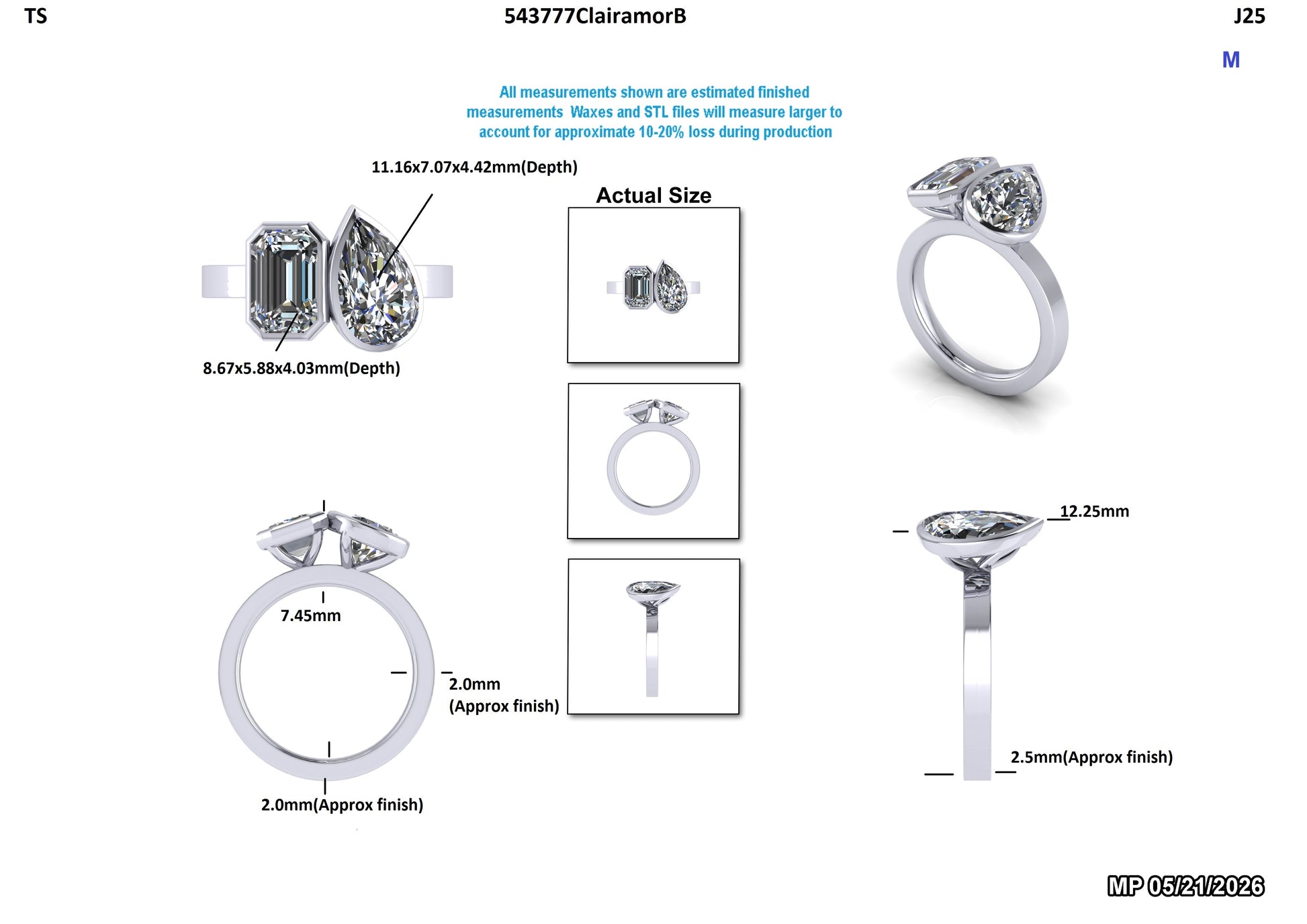 Lab-grown diamond engagement ring with pear and emerald cut stones, detailed measurements shown