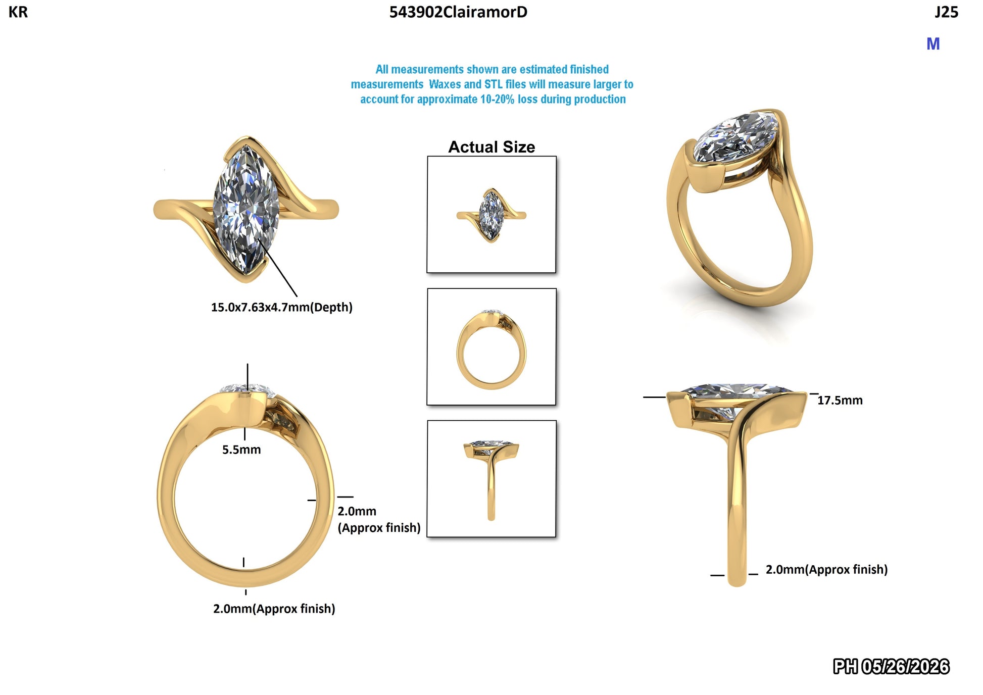 Marquise cut lab-grown diamond engagement ring in yellow gold, detailed views with measurements