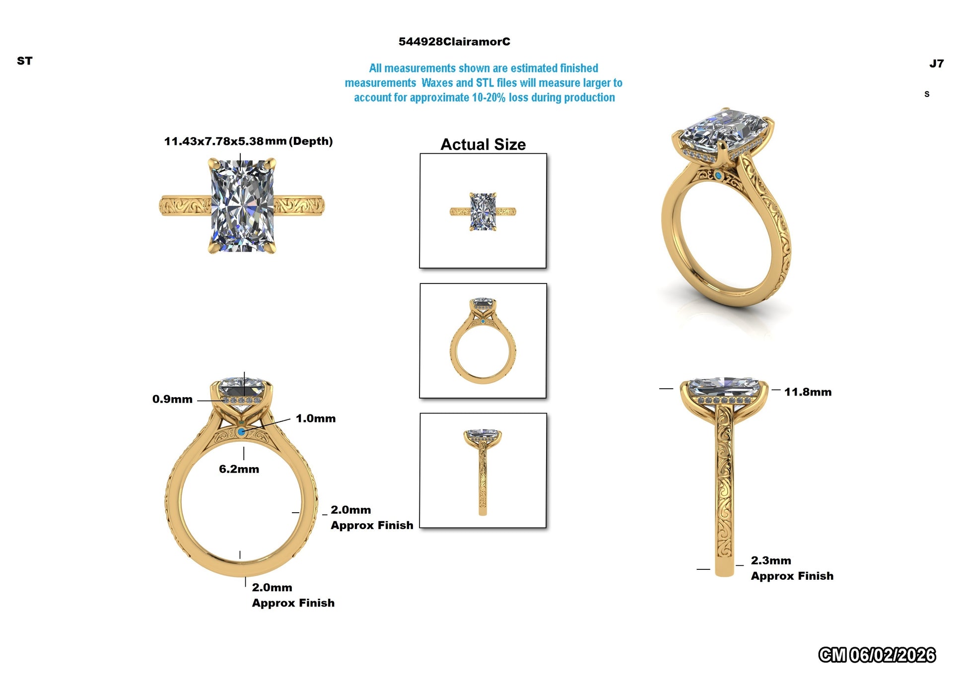 Elegant lab-grown diamond engagement ring with intricate gold band and detailed measurements