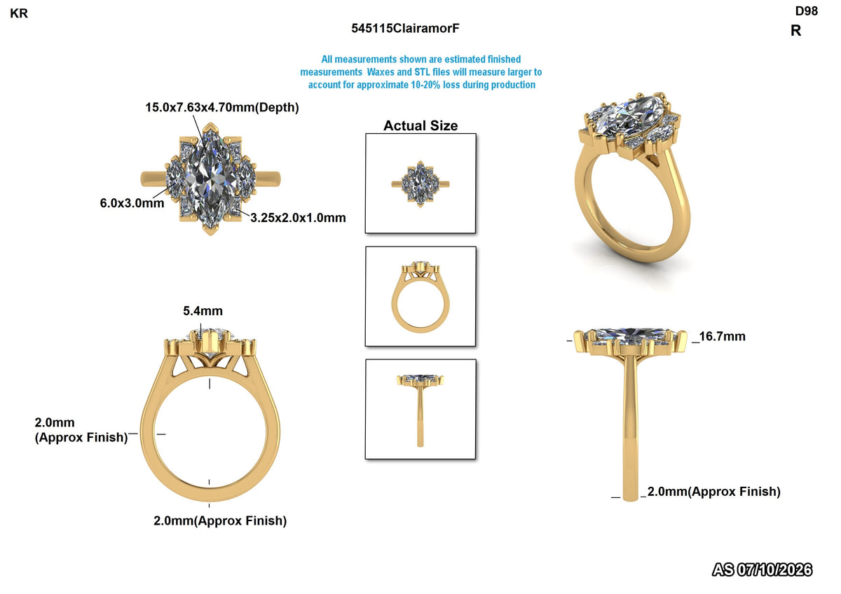 Technical product diagram of a gold ring with a round clear gemstone cluster, showing multiple angles, dimensions, and an actual size inset on a white background.
