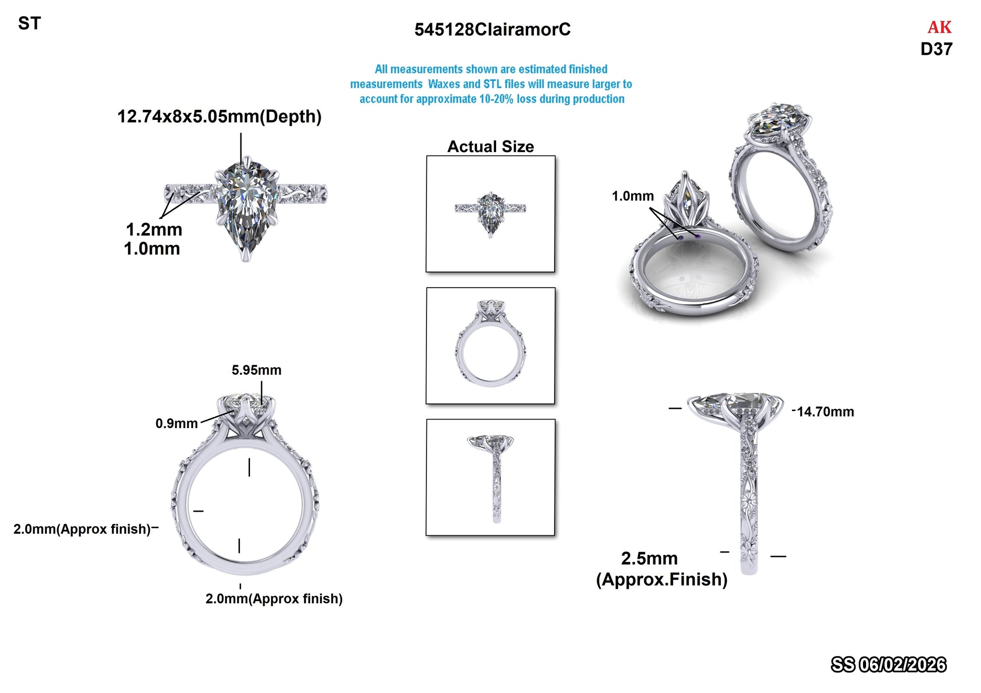 Technical drawing of diamond ring with measurements and details
