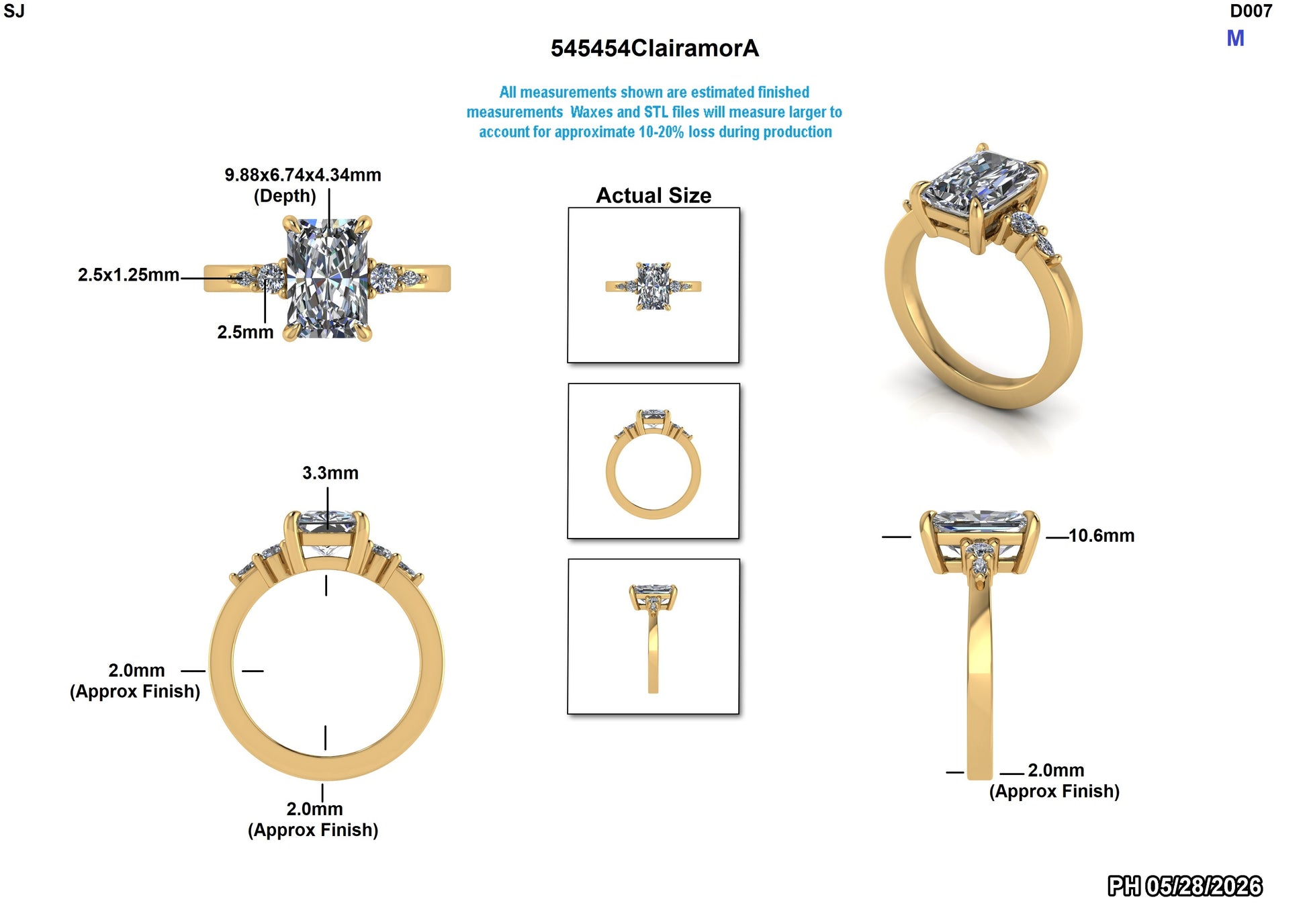 Lab-grown diamond engagement ring with yellow gold band and detailed measurements