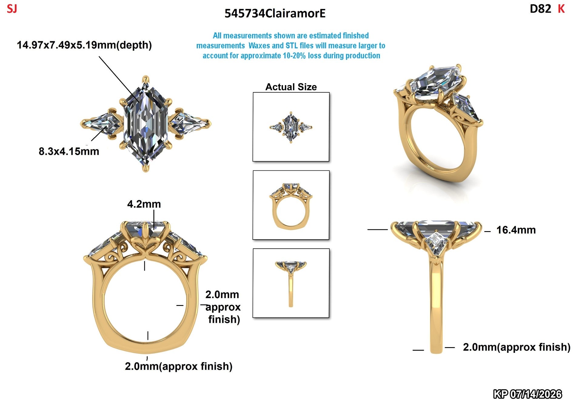 Technical measurement diagram of a gold ring with a marquise-cut clear gemstone, showing multiple angles, dimensions, and a small size reference image on a white background.