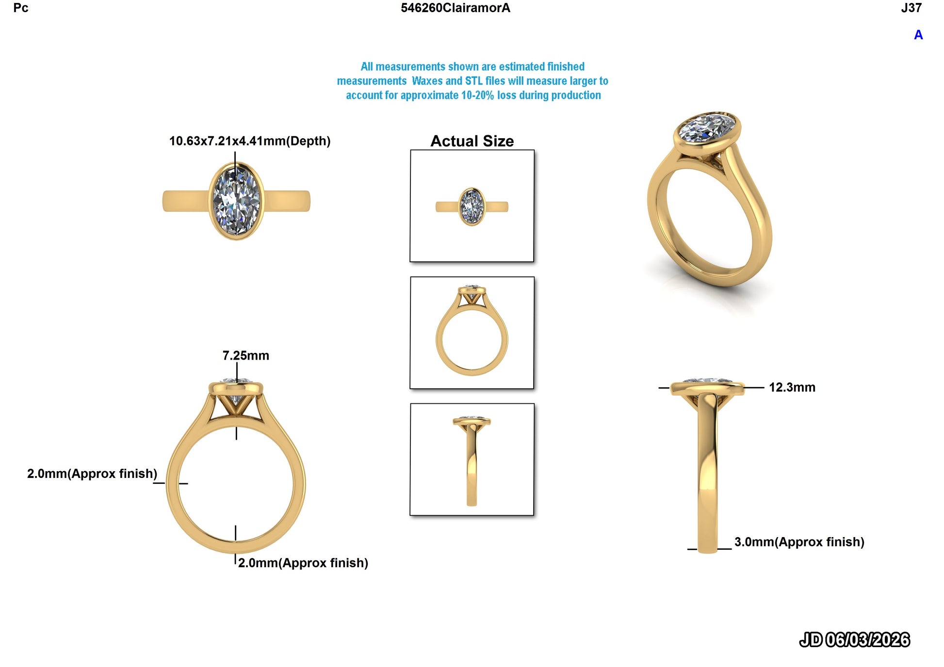 Elegant lab-grown diamond engagement ring in gold, showcasing detailed measurements and design views.