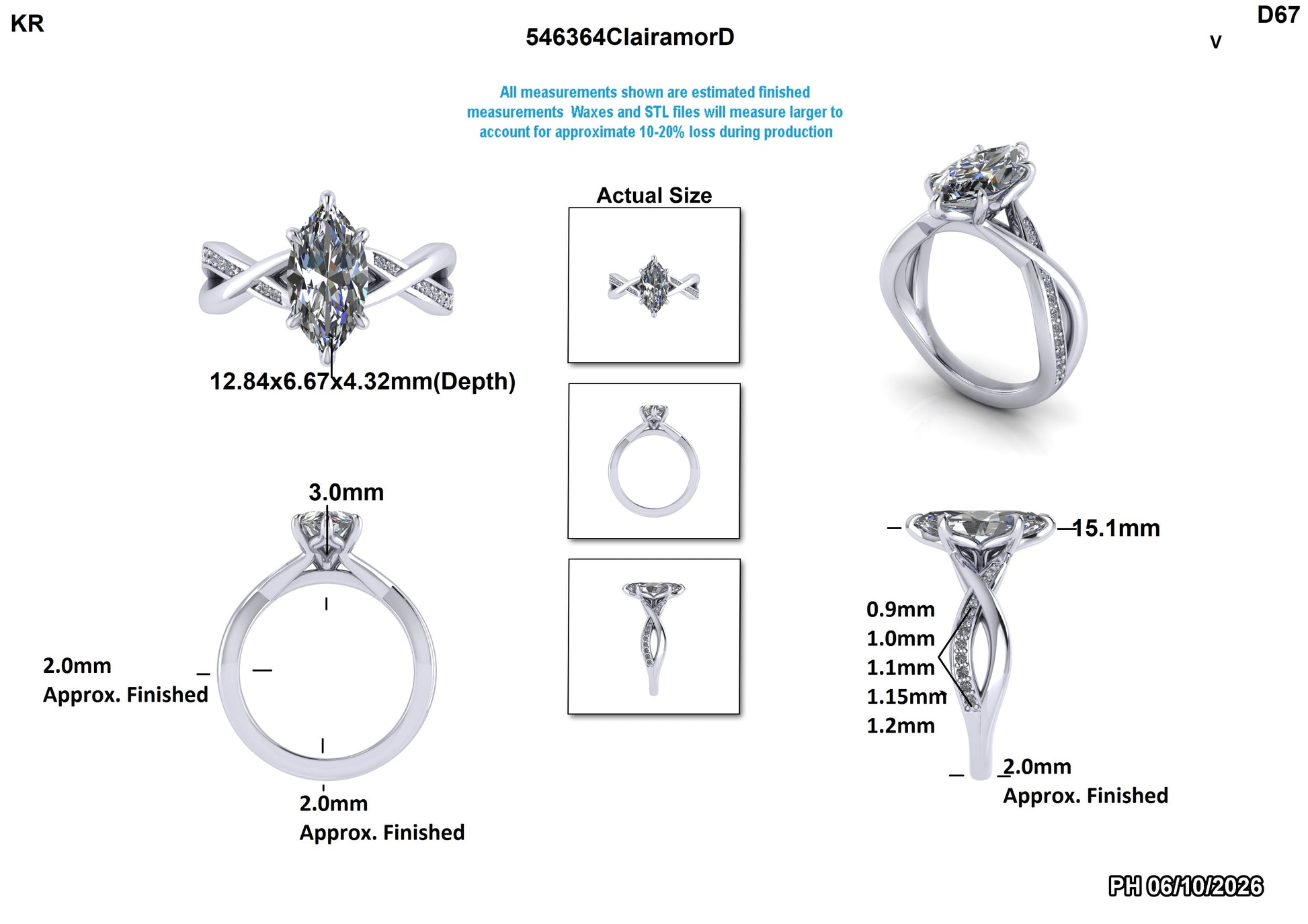Technical drawing of diamond rings with measurements on a white background

