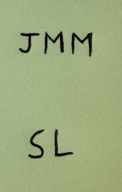 Handwritten initials 'JMM' and 'SL' on a green background