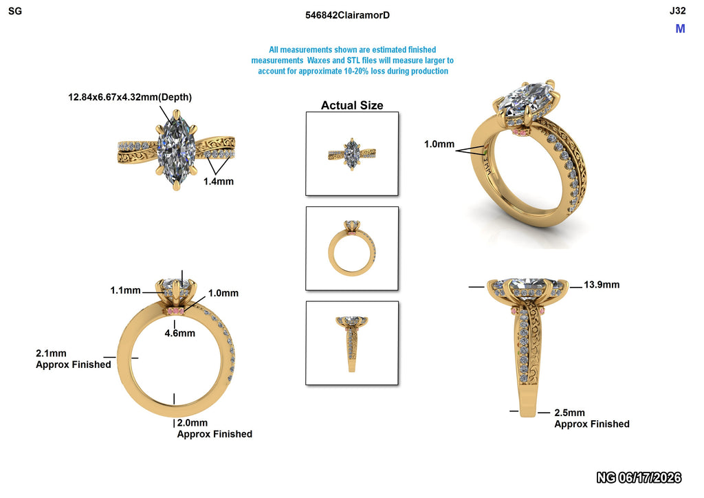 Gold ring with diamond measurements on a white background