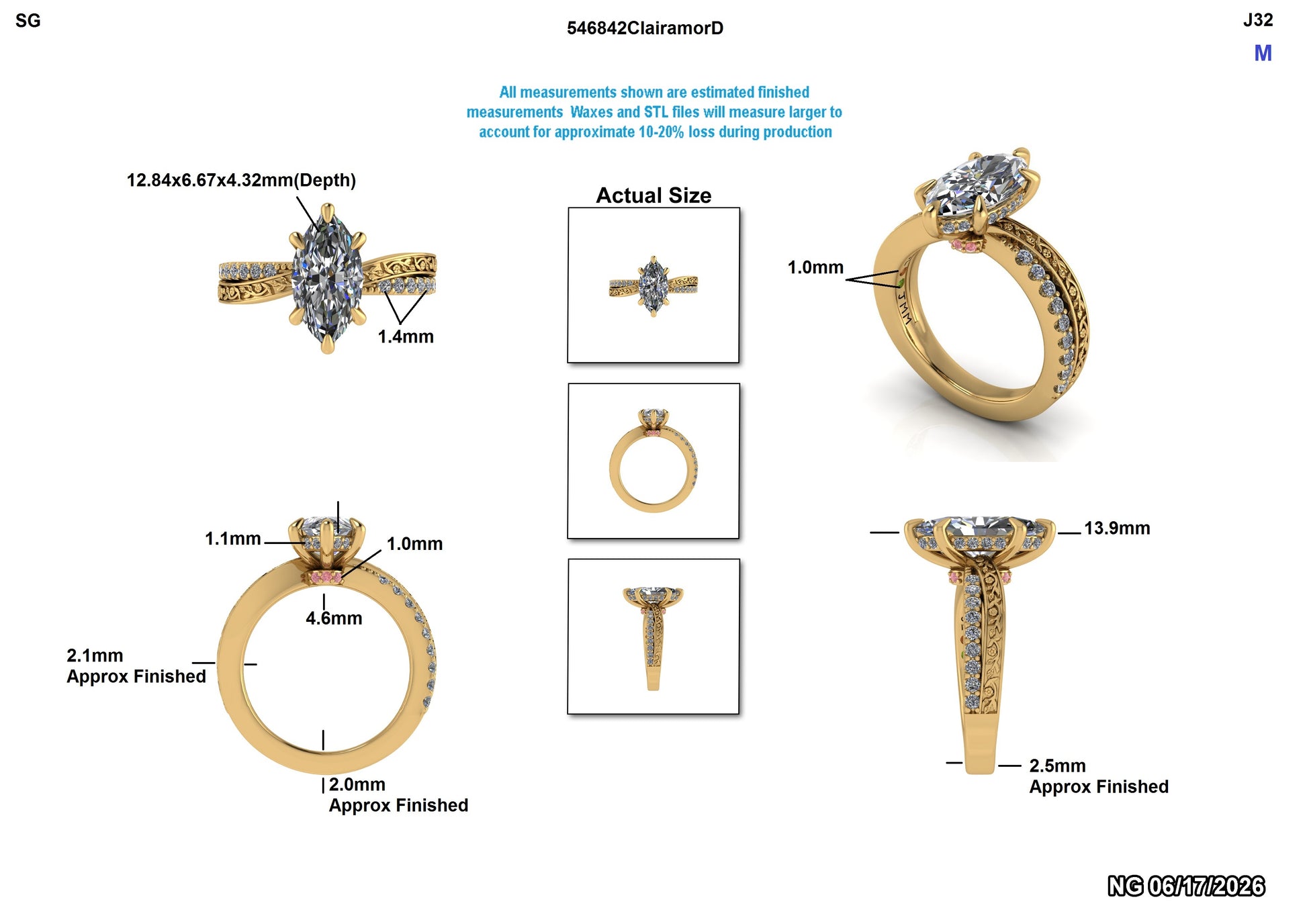 Gold ring with diamond measurements on a white background