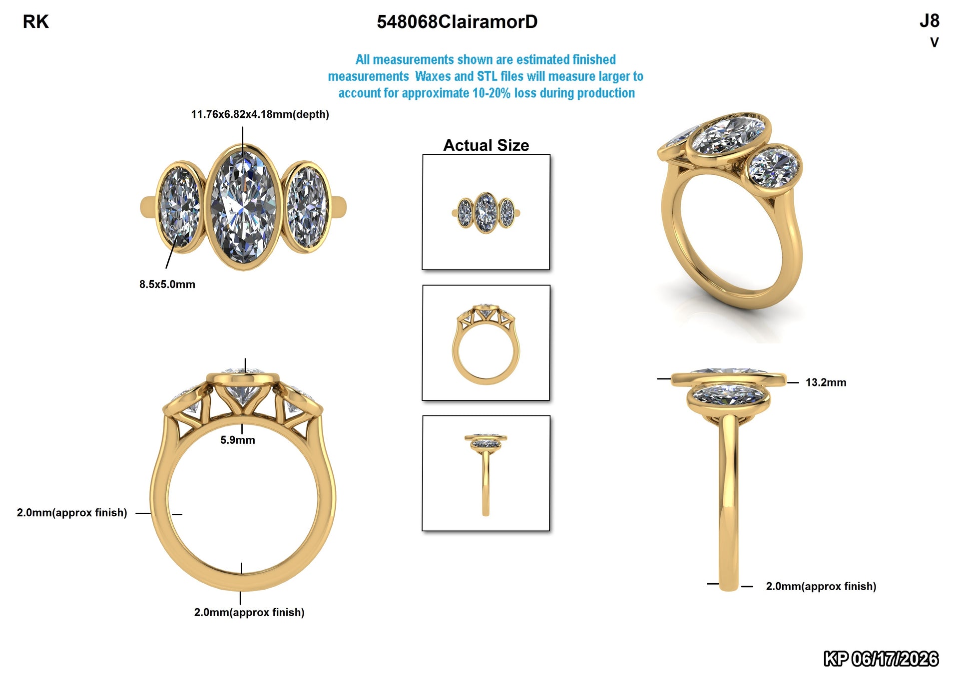 Gold ring with diamond-like stones and measurements on a white background