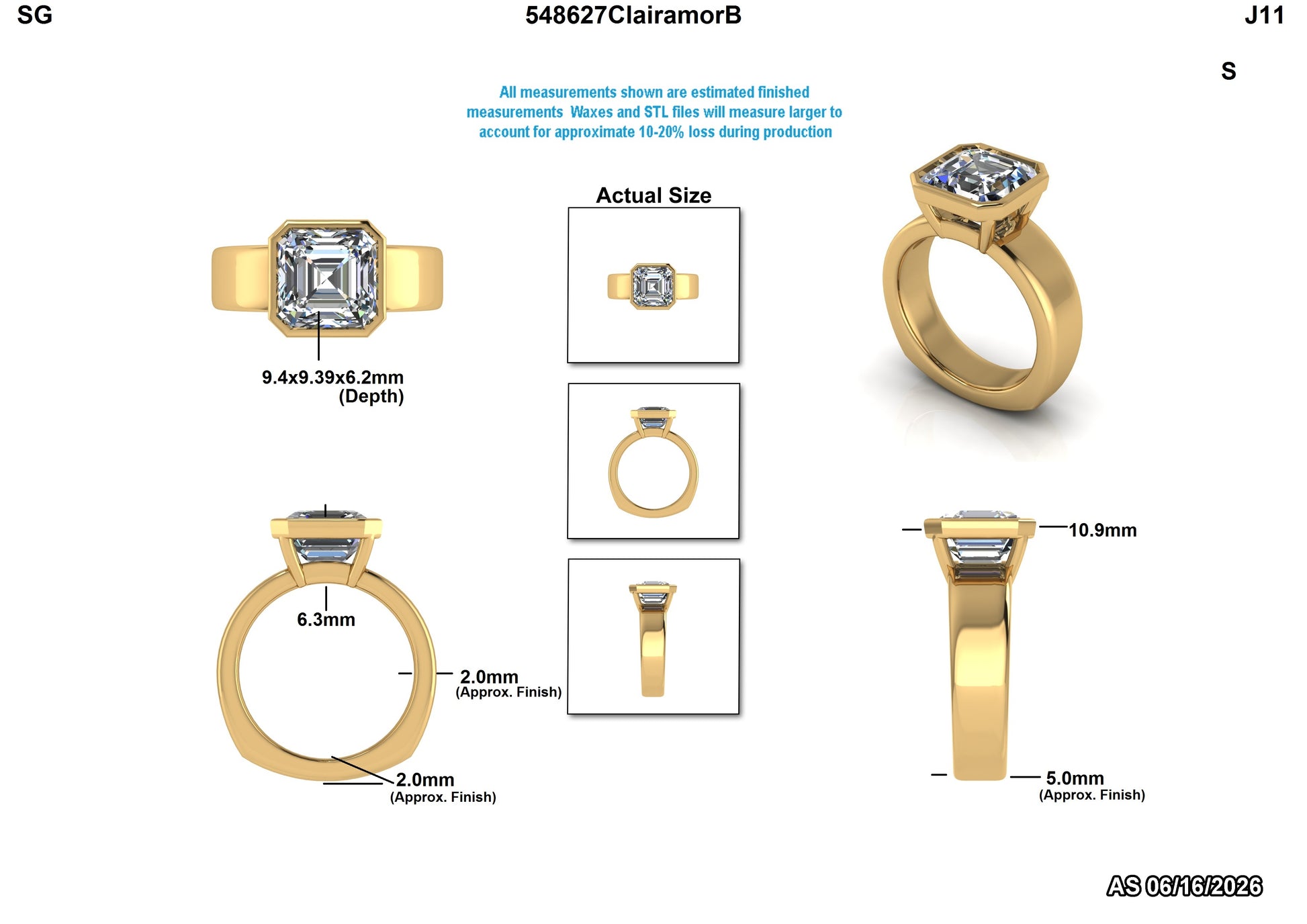 Gold ring with diamond measurements on a white background