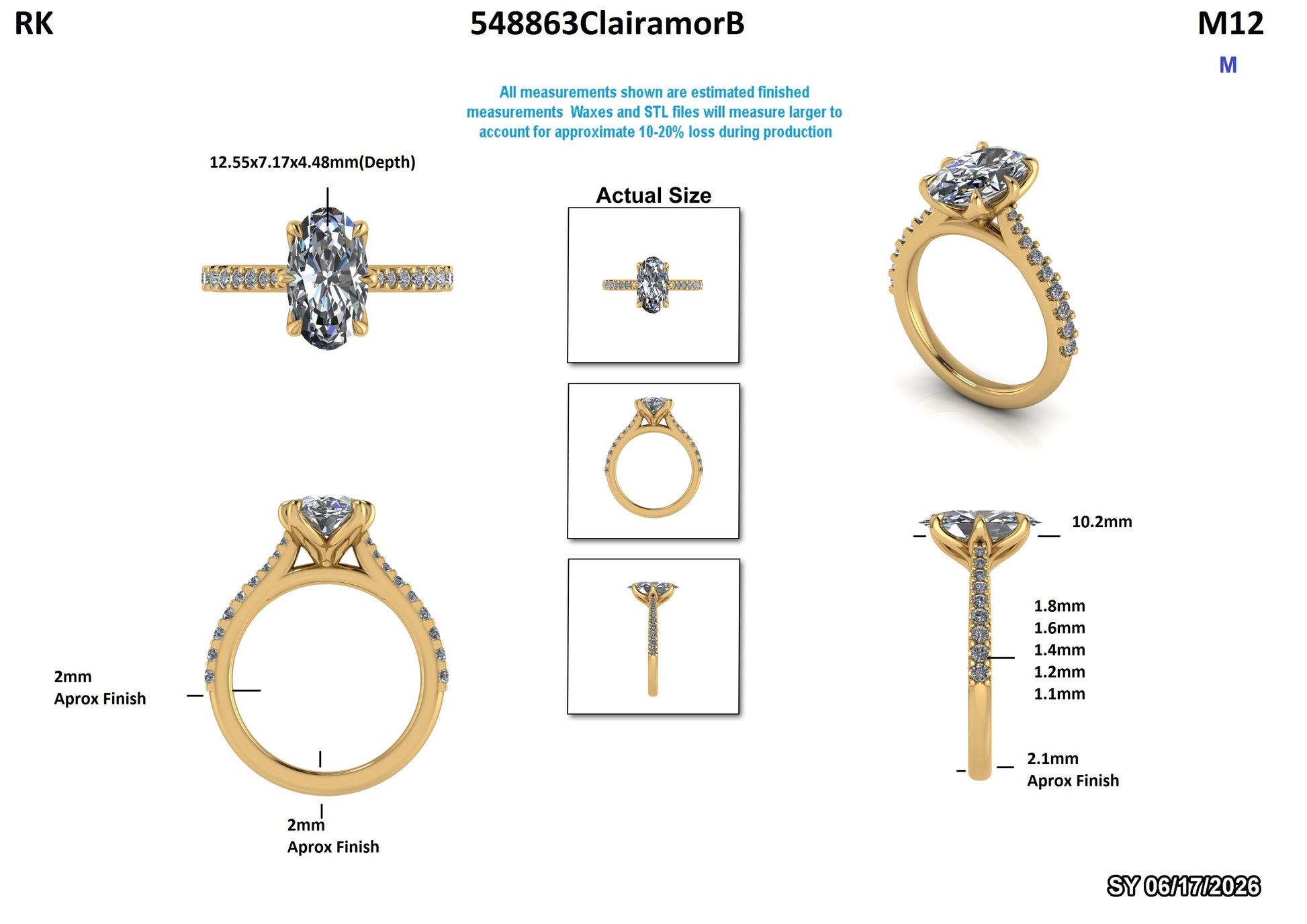 Gold ring with diamond details and measurements on a white background