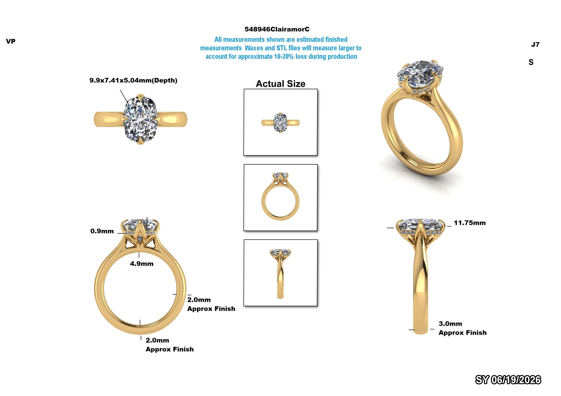 Gold ring with diamond on a white background, showing measurements and actual size.