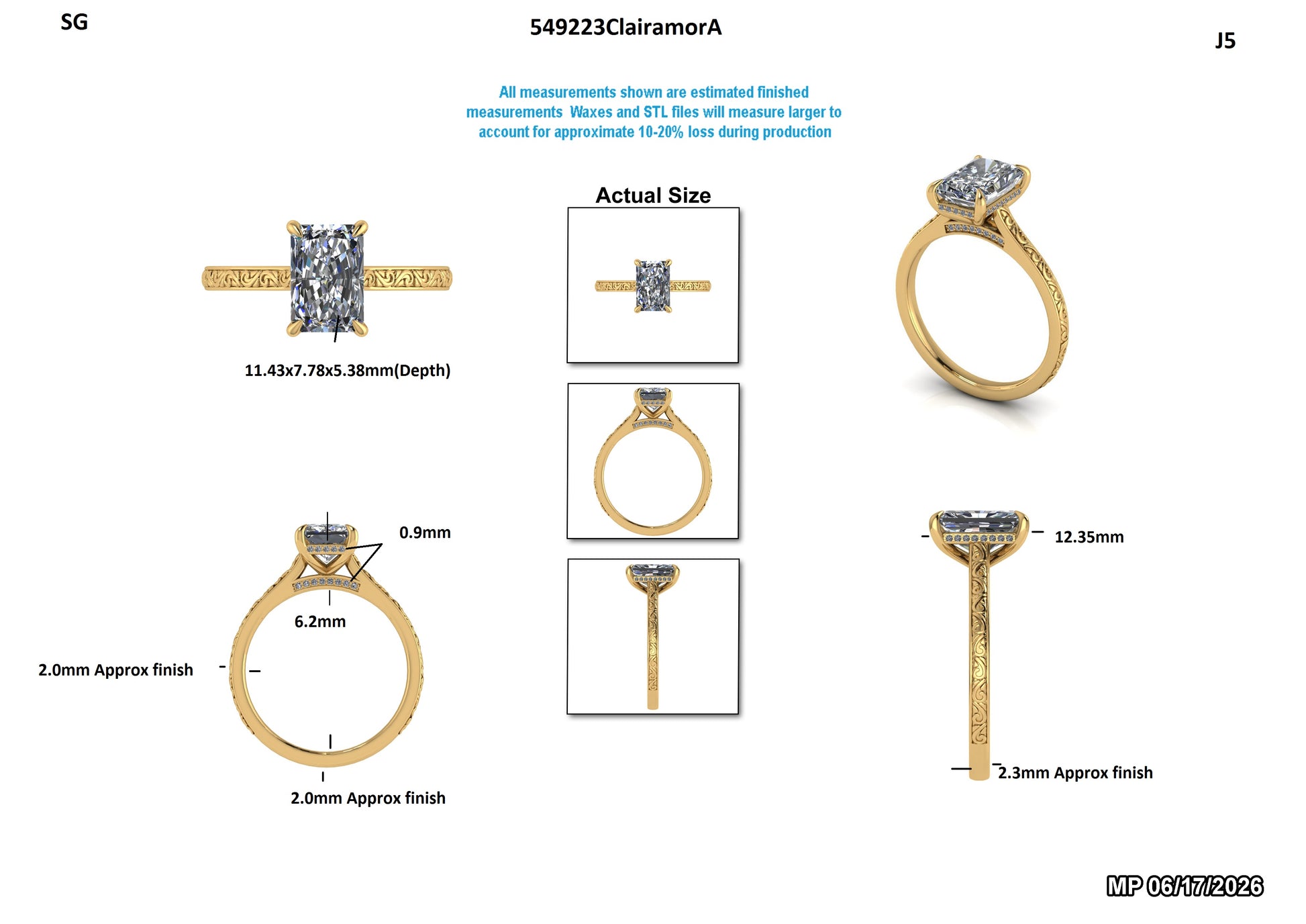 Technical product diagram showing multiple views of a yellow gold ring with a square-cut clear gemstone, including dimensions, finish measurements, and an actual size inset on a white background.