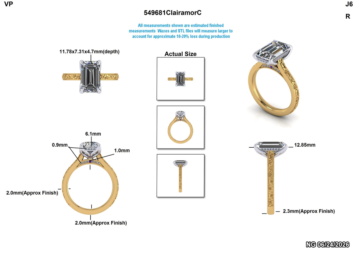 Technical product diagram showing a yellow gold and white gold engagement ring with a rectangular emerald-cut center stone, including multiple views, dimensions, and an actual size reference on a white background.