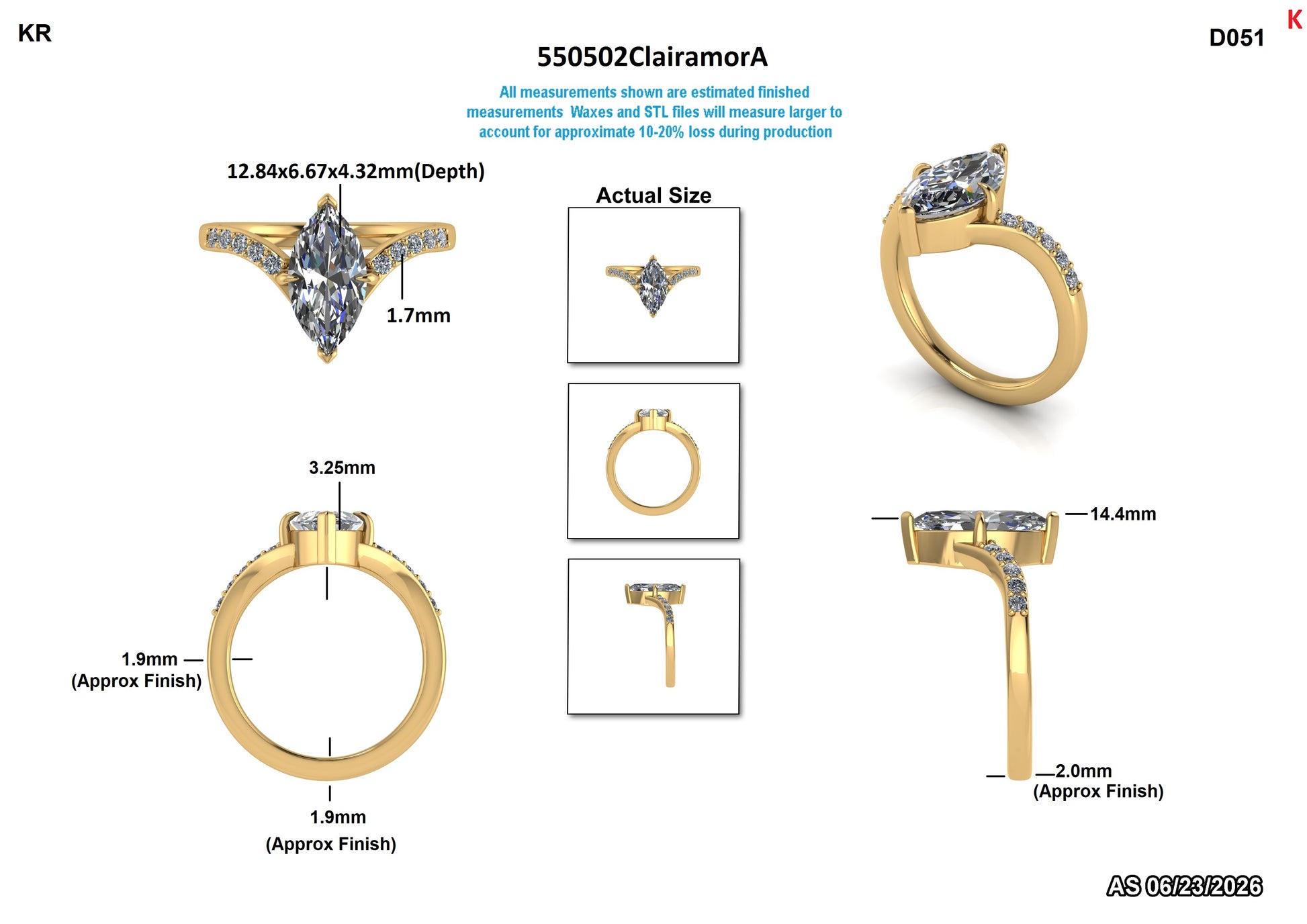 Gold ring with diamond details and measurement chart on a white background