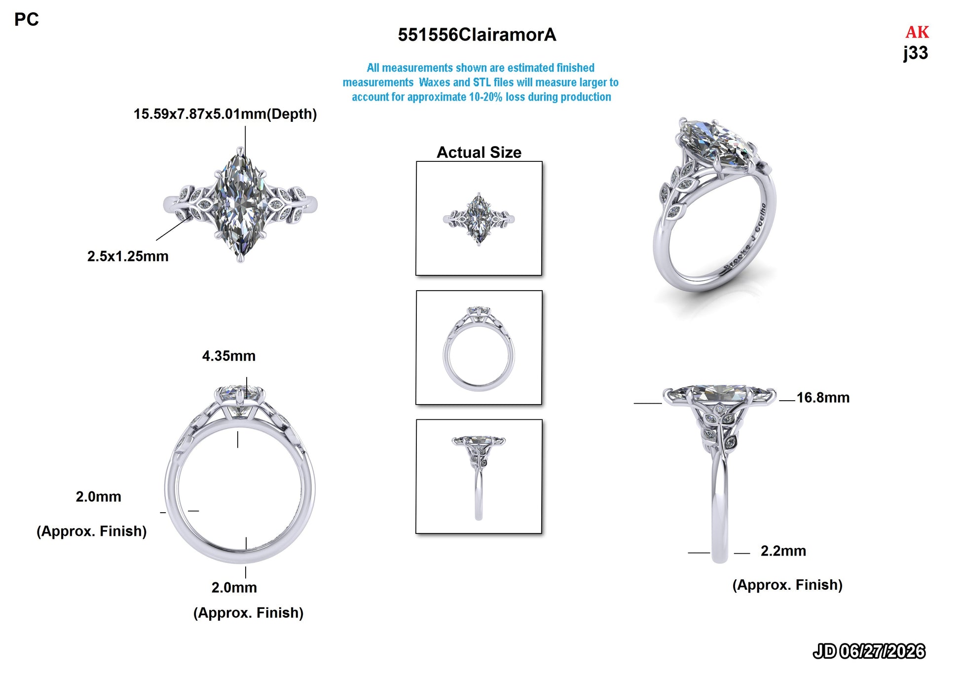 Diamond ring with measurements and specifications on a white background