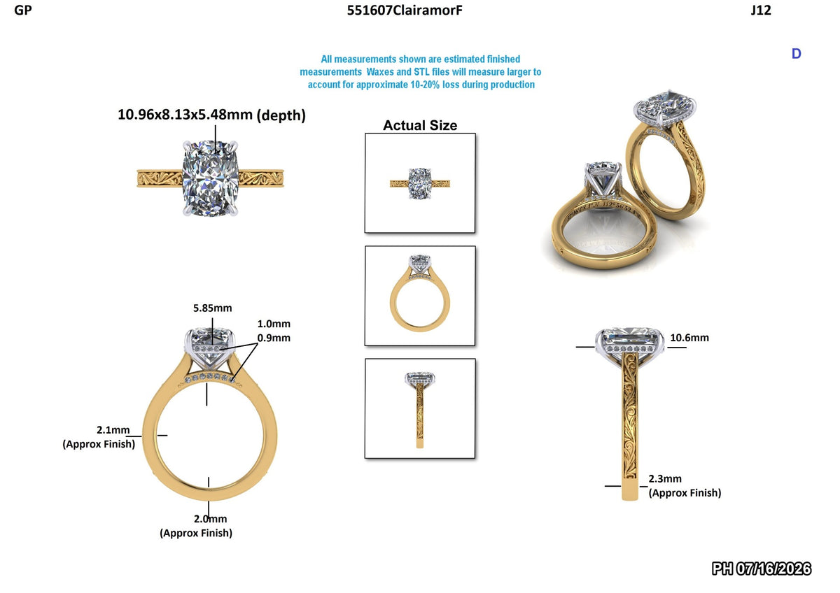 A product measurement and size guide for a yellow gold ring with a large round diamond, showing front, side, top-down, and bottom views with estimated dimensions and an actual size comparison on a white background.