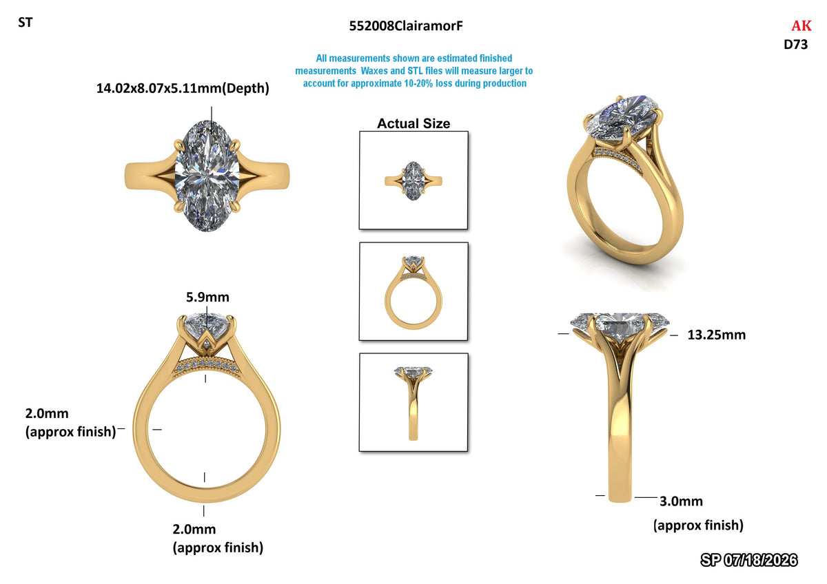 Technical product diagram showing multiple views of a yellow gold ring with a large round-cut gemstone, including depth, width, and height measurements, plus an actual size reference and small inset views on a white background.