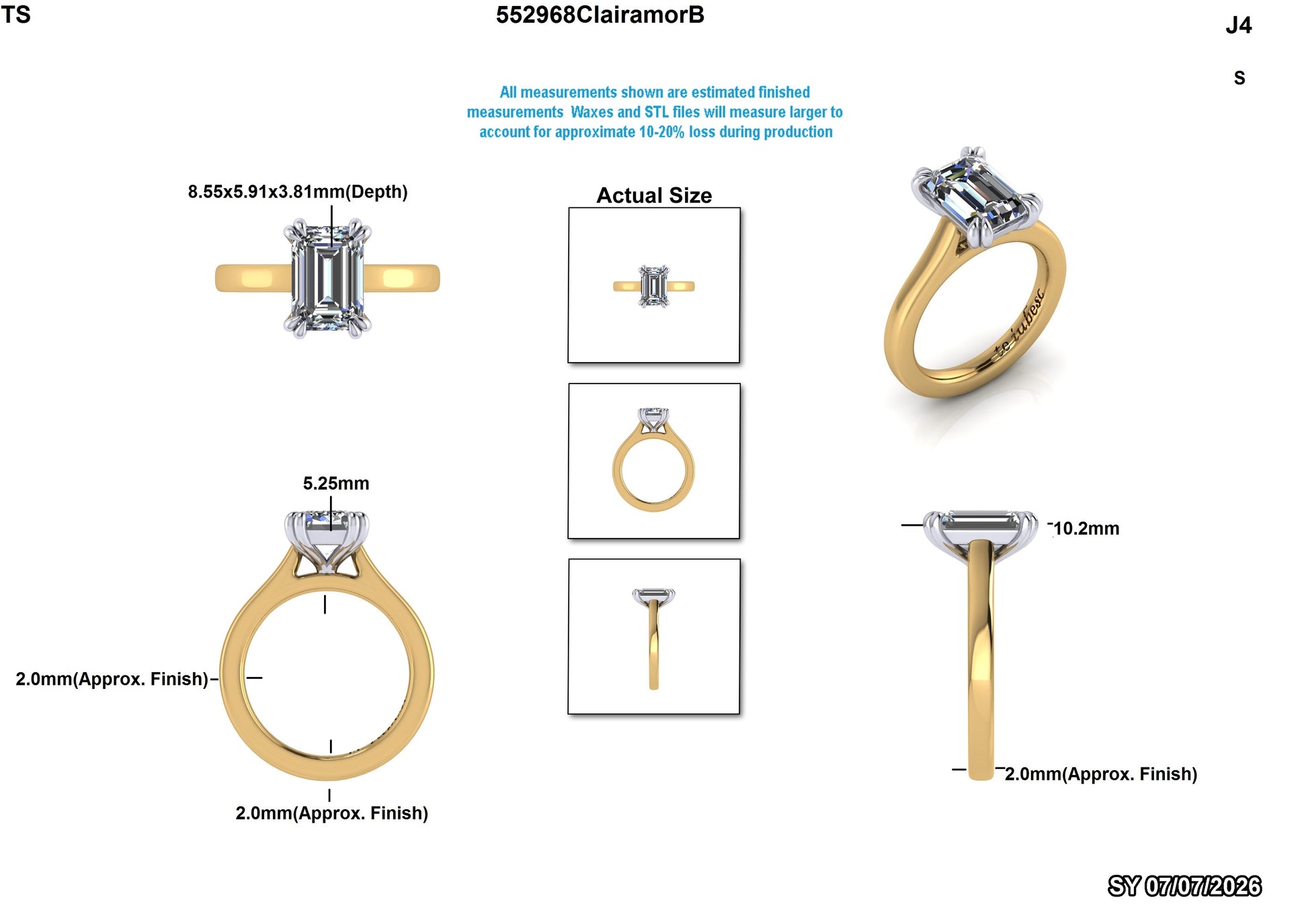 A product measurement and size chart for a yellow gold ring with a rectangular emerald-cut gemstone. The diagram shows multiple views of the ring with labeled dimensions (depth, width, height, and actual size) on a white background.