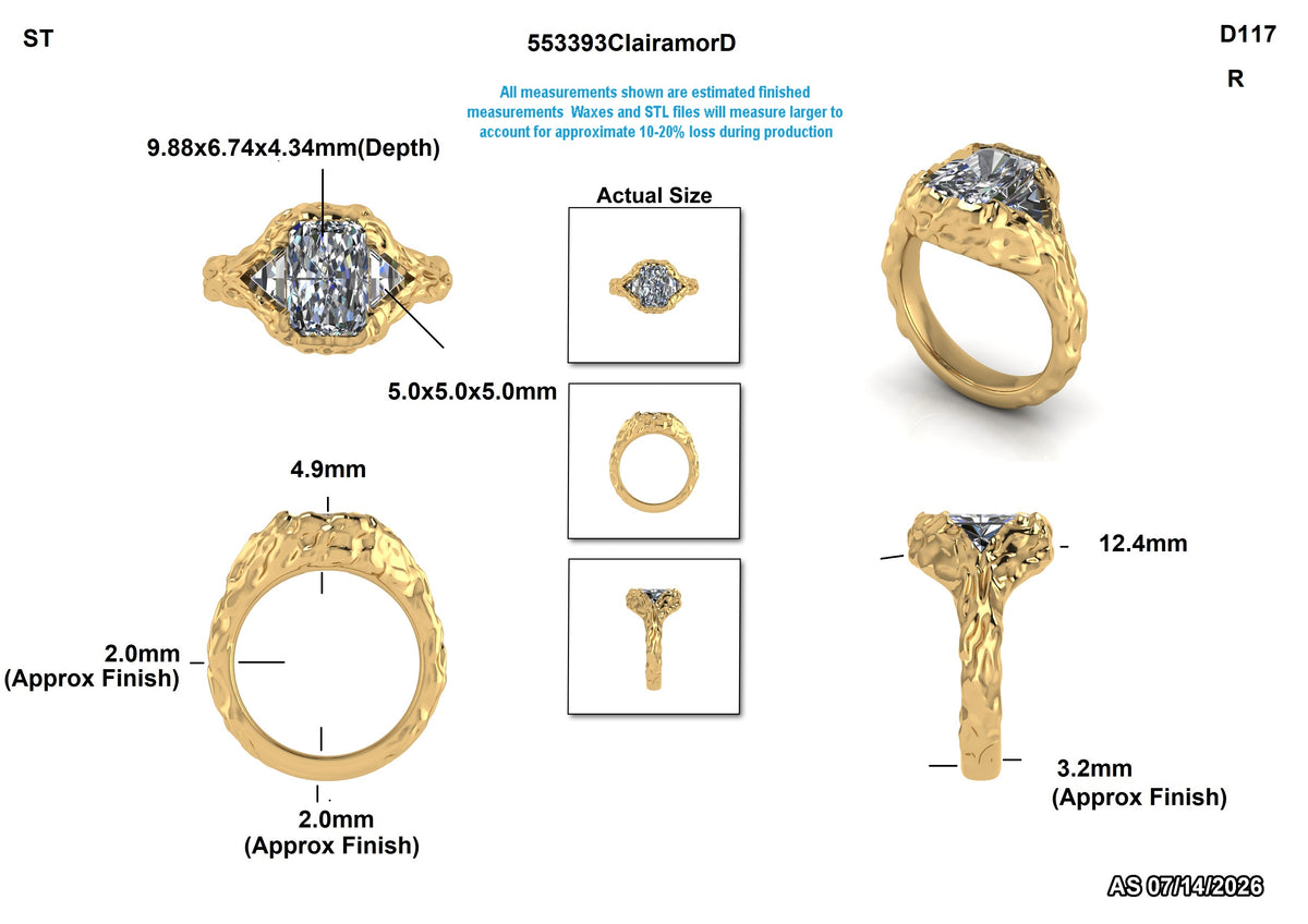 Technical product diagram of a gold ring with a round clear gemstone, showing multiple angles, dimensions, and actual size reference on a white background.