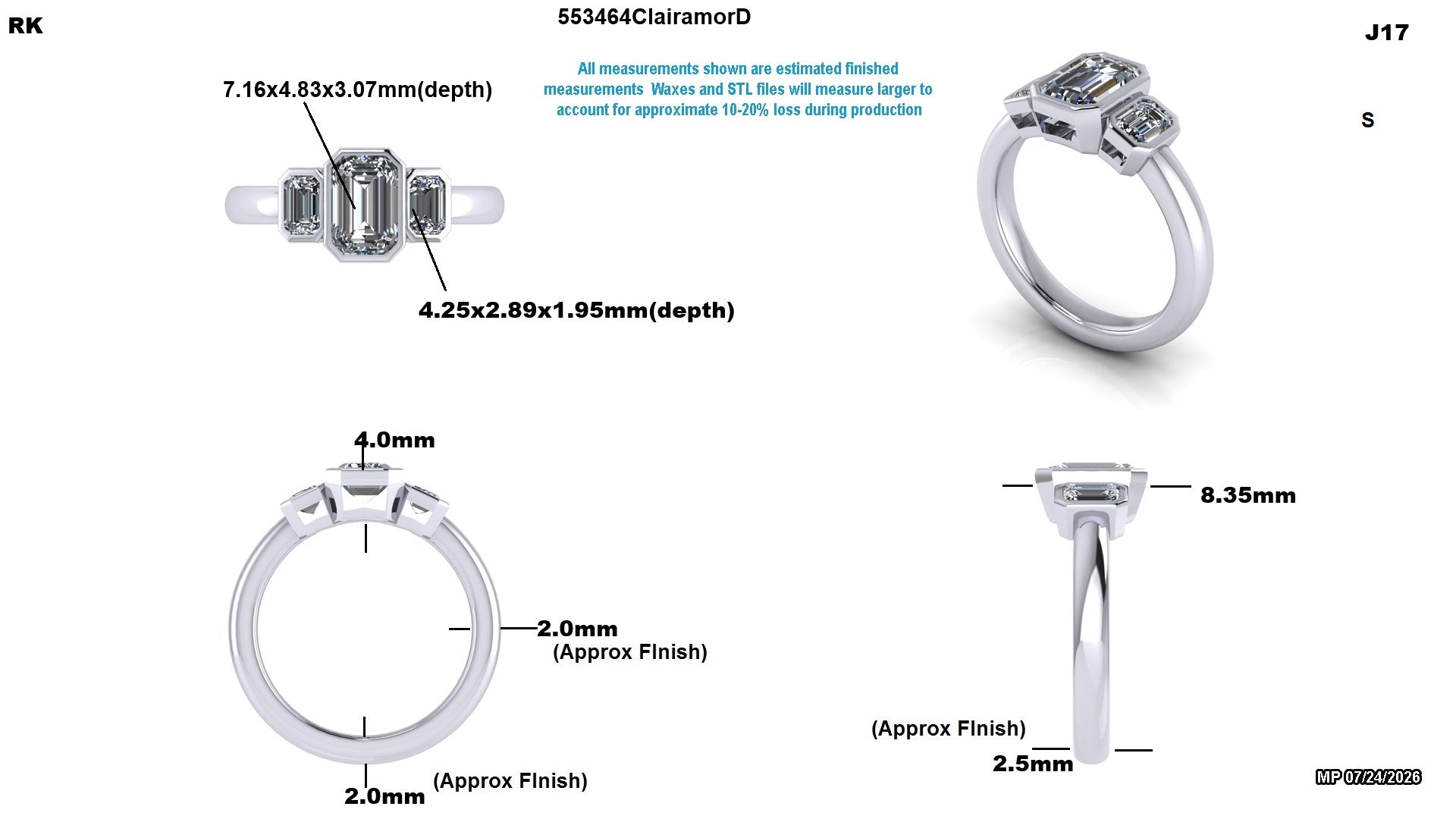 Technical product diagram showing multiple views of a silver-toned ring with rectangular clear stones, including front, side, and top-down measurements with text labels on a white background.