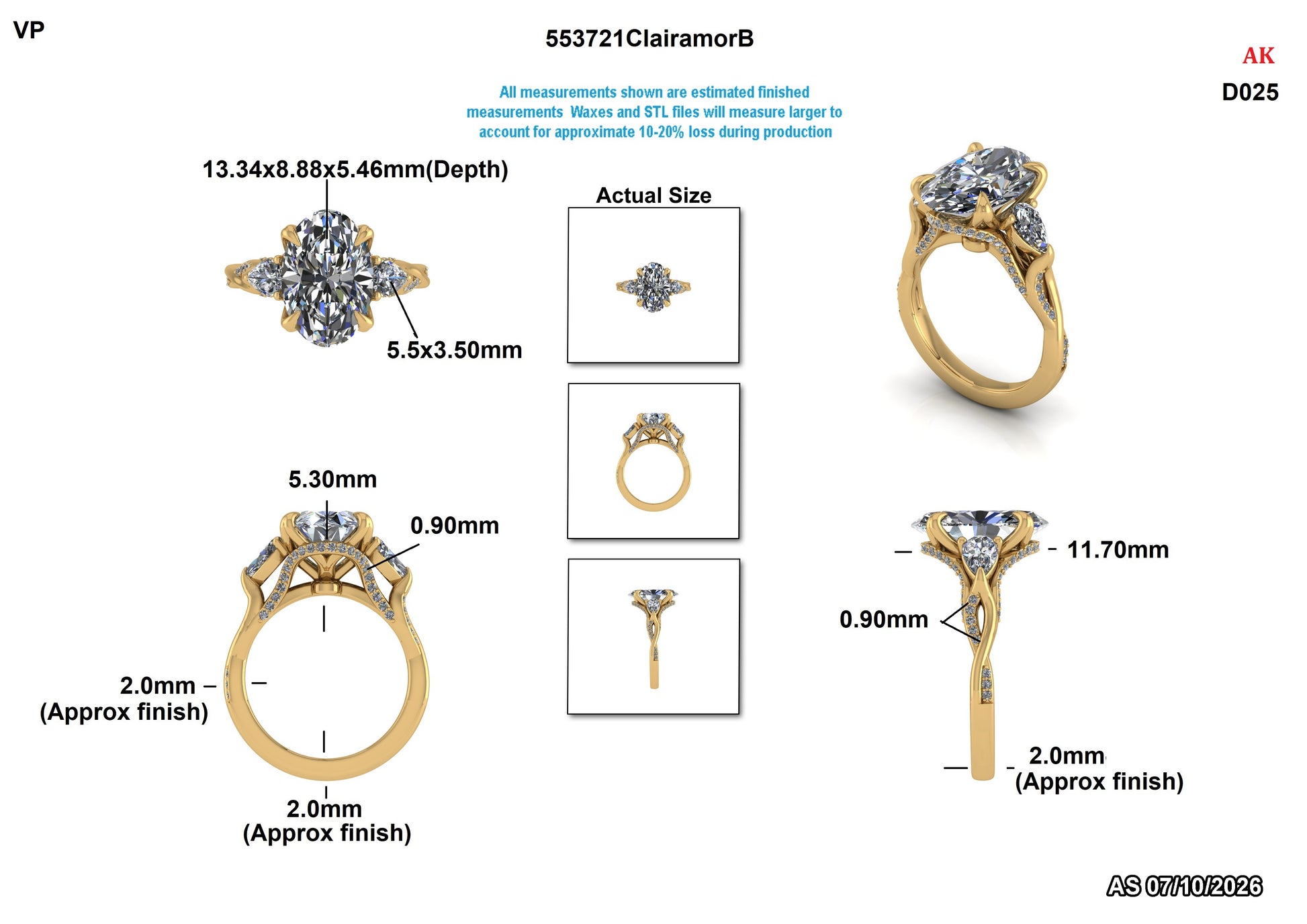 Technical product diagram of a yellow gold ring with a large floral cluster of clear stones, showing multiple angles with dimensions, actual size reference, and finish measurements on a white background.