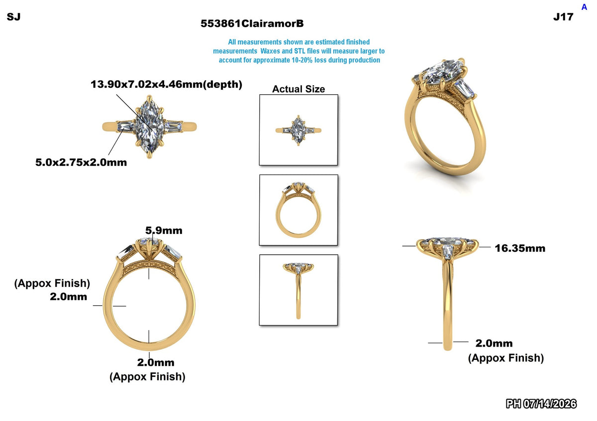 Technical measurement diagram of a yellow gold ring with a large clear center stone and smaller side stones, showing multiple angles with dimensions, actual size insets, and text labels on a white background.
