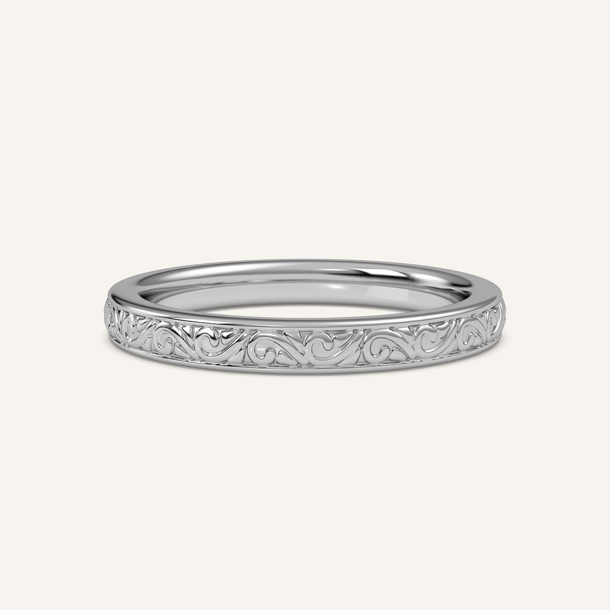Scroll Engraved Wedding Band in 14k White Gold (view 1)