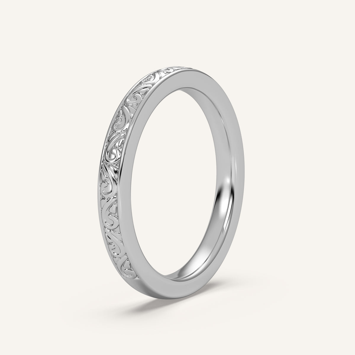 Scroll Engraved Wedding Band in 14k White Gold (view 2)