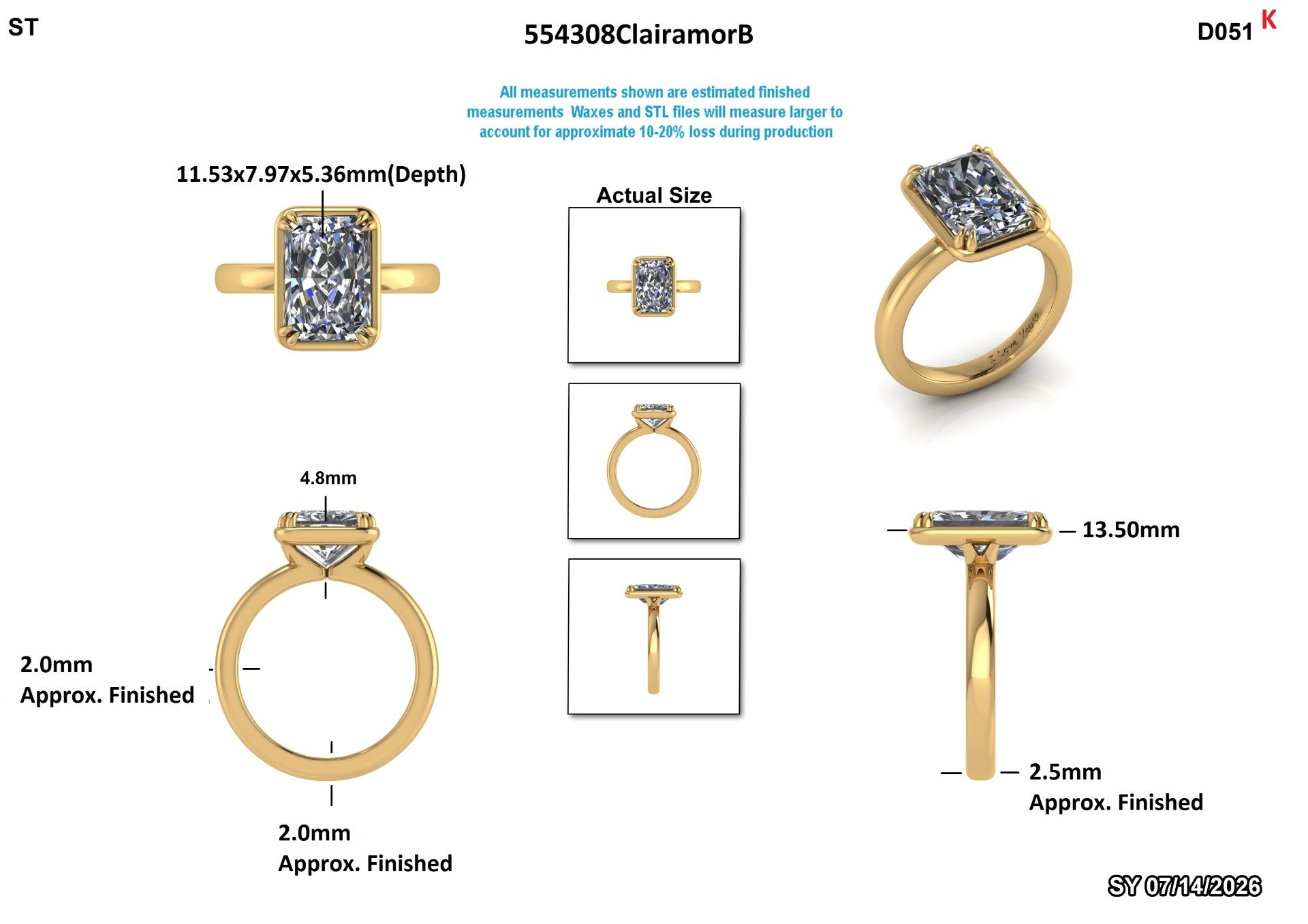 Technical product diagram of a yellow gold ring with a rectangular clear gemstone, showing multiple angles with dimensions, actual size reference, and measurement notes on a white background.