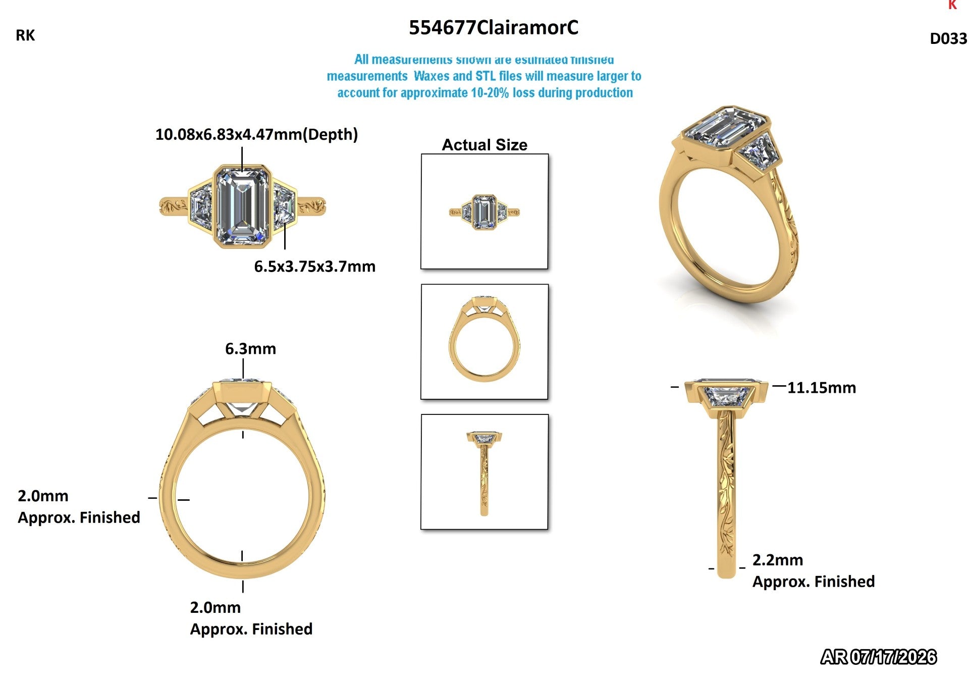 A product measurement diagram for a yellow gold ring with rectangular emerald-cut stones, showing multiple views with dimensions, an actual size reference, and finish measurements on a white background.