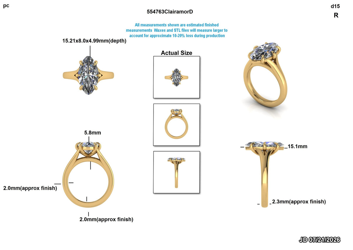 A product measurement and detail sheet for a yellow gold ring with a large oval clear gemstone. The layout shows multiple angles of the ring, dimensions in millimeters and inches, and small inset photos labeled as the actual size.