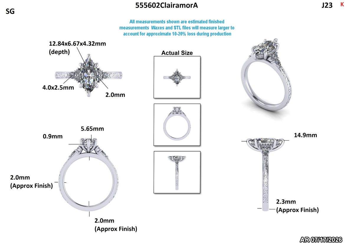 Technical measurement diagram of a diamond engagement ring, showing multiple angles with dimensions, actual size, and finish measurements on a white background.