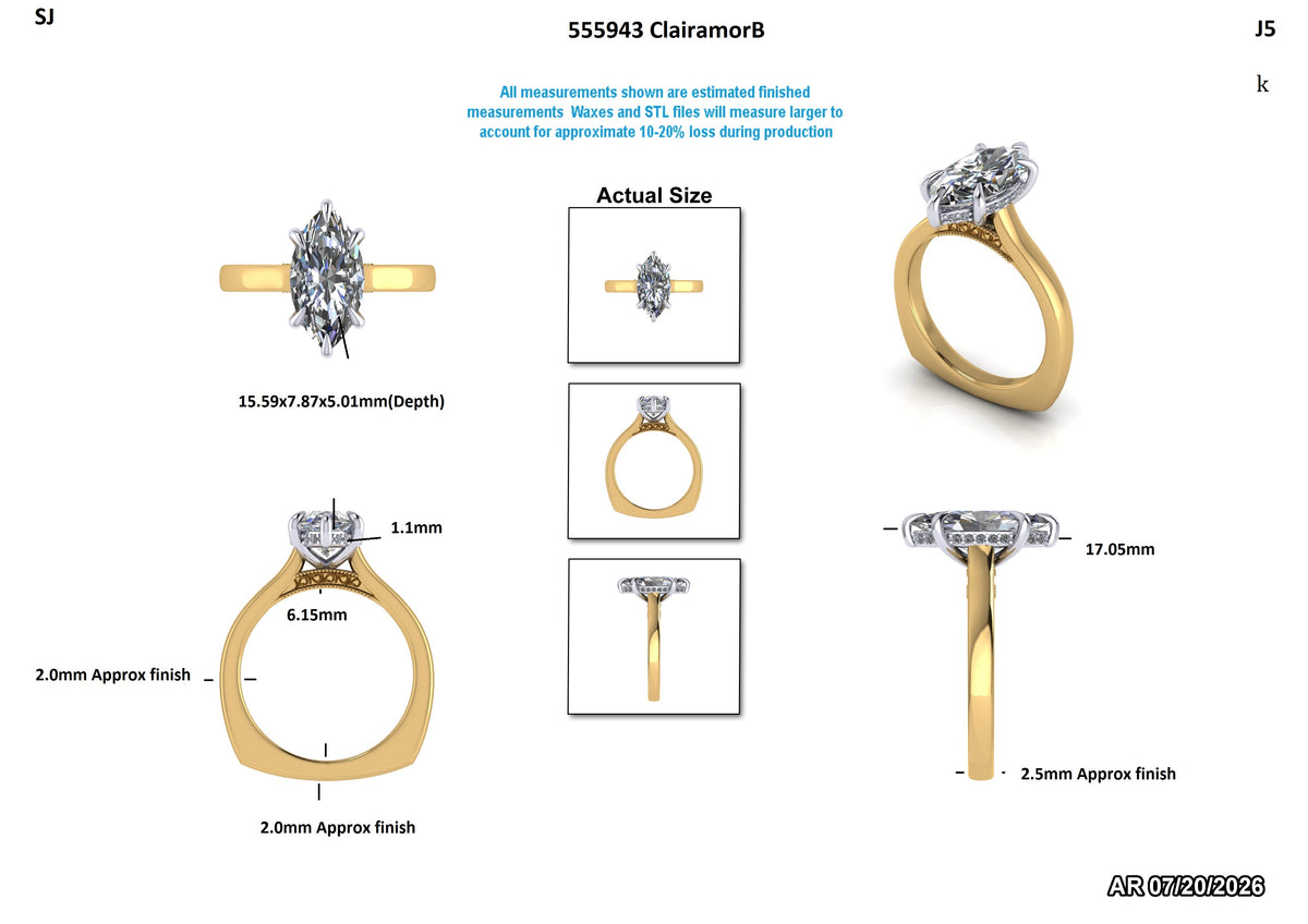 Technical specification sheet for a yellow gold ring with a marquise-cut diamond, showing multiple angles, dimensions, and a size comparison diagram labeled 'Actual Size'.