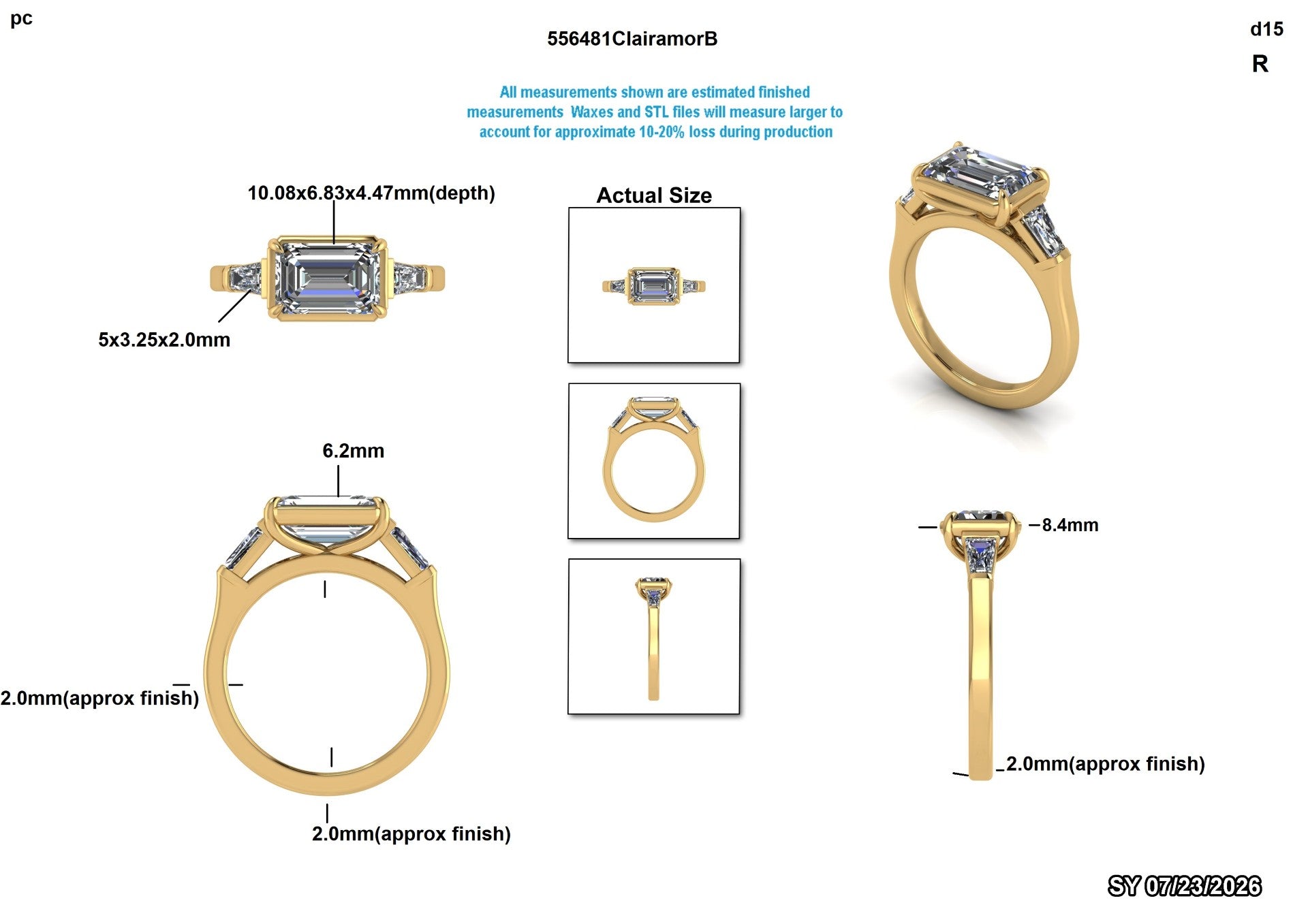 A technical product diagram showing a gold ring with rectangular emerald-cut stones from multiple angles, including dimensions, an actual size reference, and finish measurements on a white background.