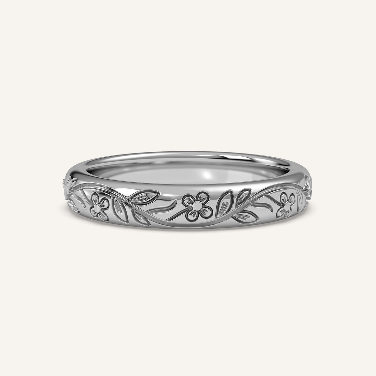 Floral Engraved Wedding Band in 14k White Gold (view 1)