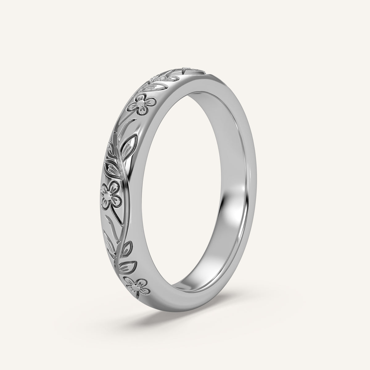 Floral Engraved Wedding Band in 14k White Gold (view 2)