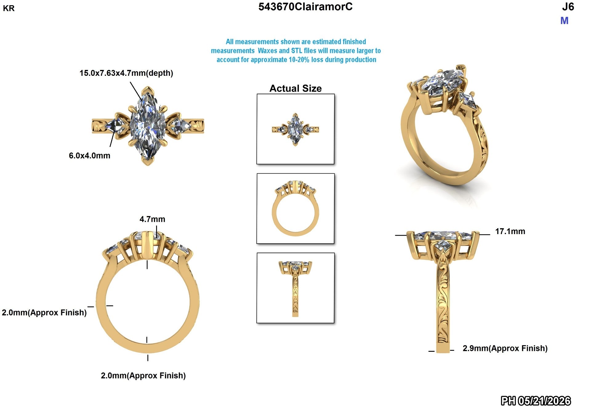 Lab-grown diamond engagement ring with marquise center stone, gold band, and detailed measurements