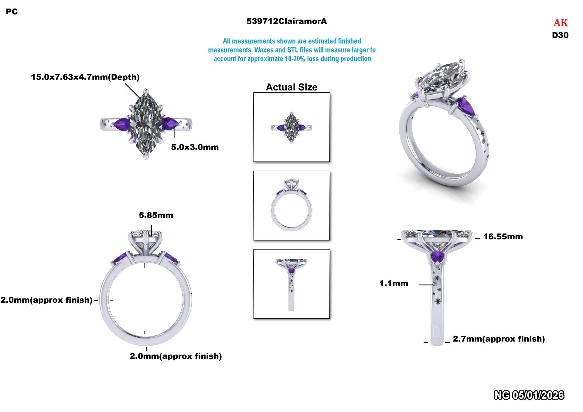 Lab-grown diamond engagement ring with purple side stones, detailed measurements, and star accents on band