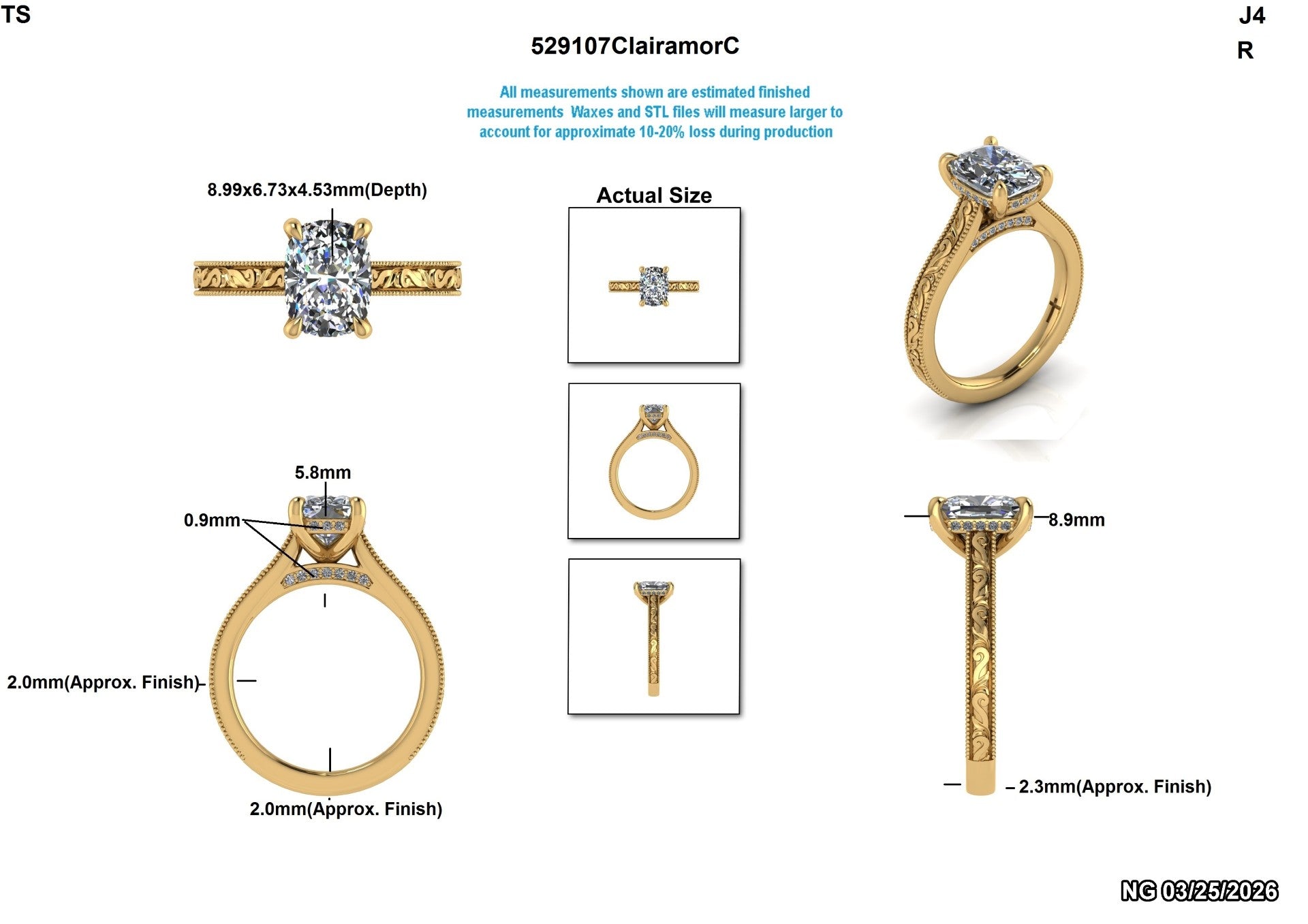Elegant gold engagement ring with cushion-cut lab-grown diamond, detailed measurements and side views shown