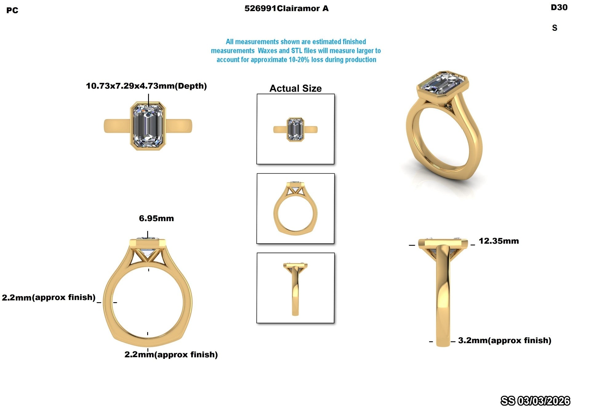 Lab-grown diamond engagement ring with emerald cut, gold band, and detailed measurements for ethical jewelry shopping.