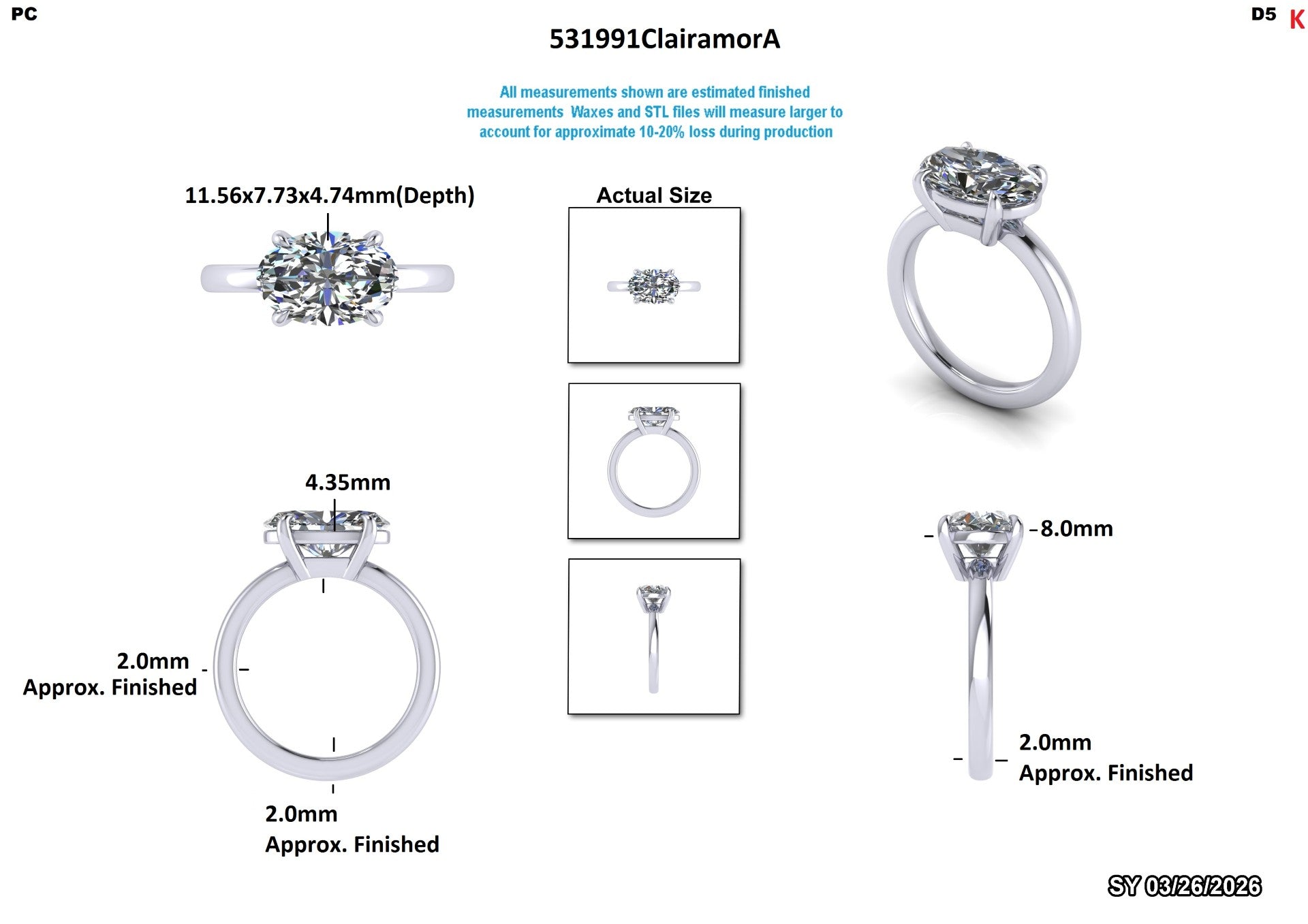 Oval lab-grown diamond engagement ring with detailed measurements and actual size views