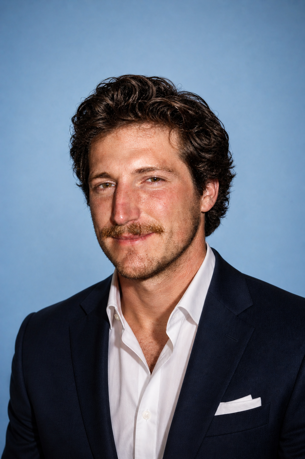 Man in navy suit and white shirt smiling against blue background