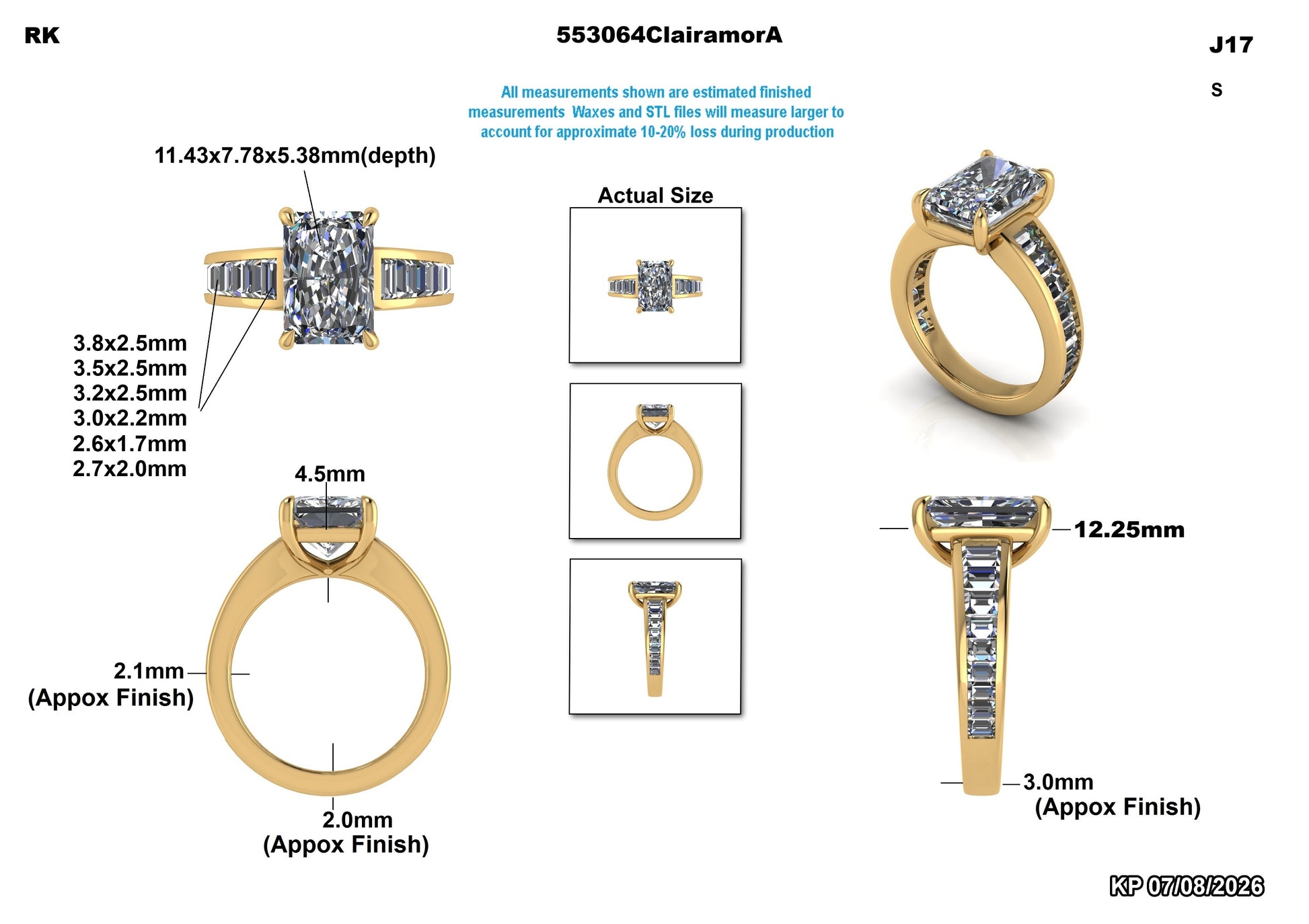 A product measurement diagram for a yellow gold ring with a large round-cut center stone and baguette side stones. The diagram shows multiple views of the ring with dimensions labeled in millimeters, including front, top, side, and back angles, alongside an actual size reference.