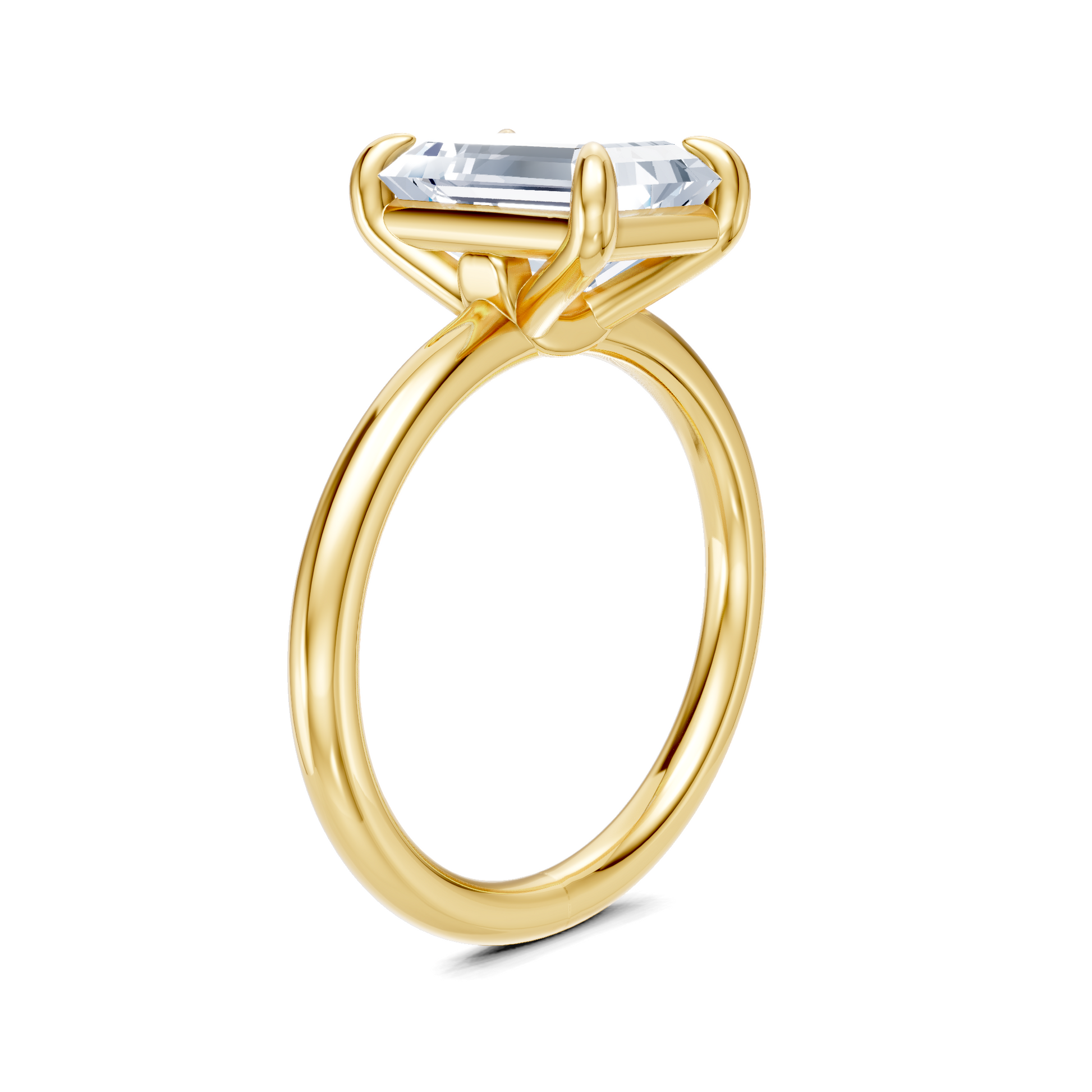 Elegant gold engagement ring with lab-grown emerald cut diamond, ethical and sustainable design
