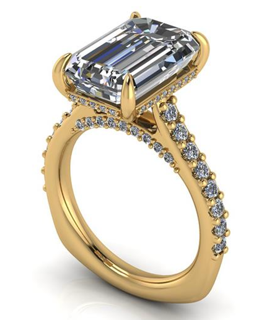 Emerald cut lab-grown diamond engagement ring in yellow gold with pave accents