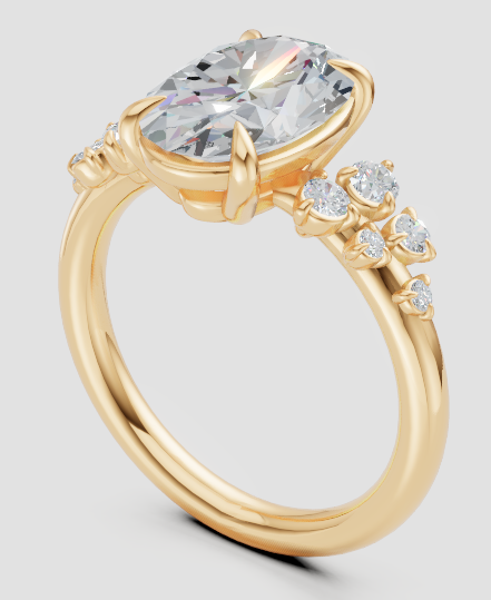 Oval lab-grown diamond engagement ring in yellow gold with side accents, eco-friendly and conflict-free